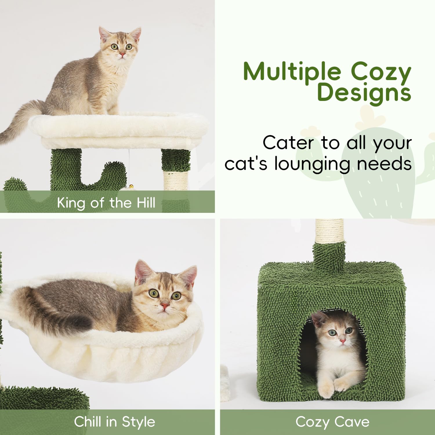 HOOPET 32-Inch Cactus Cat Tree for Small Cats, Plush Perch, Sisal Scratching Posts, Green, Model MPJ008