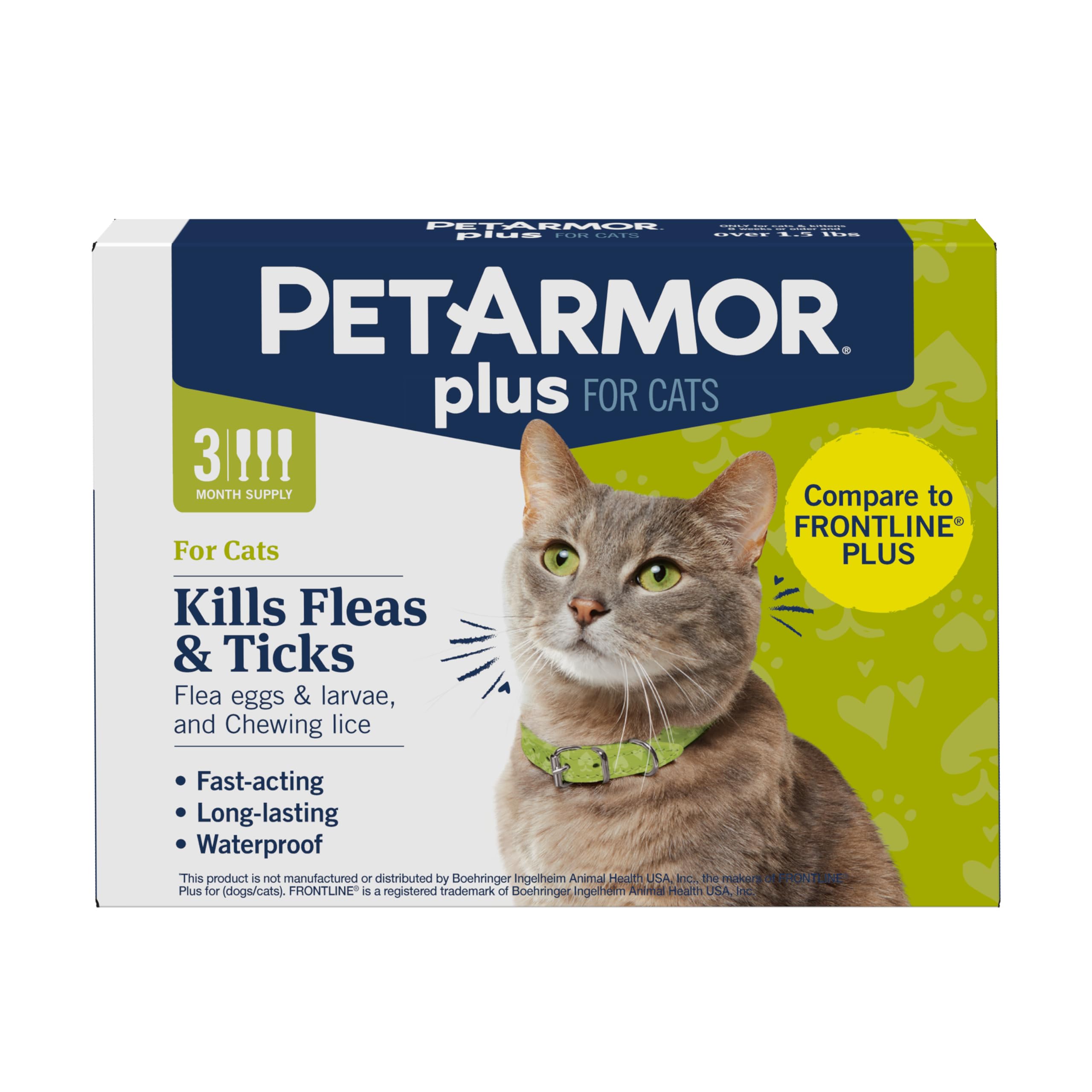 PetArmor Plus Flea and Tick Prevention for Cats, 3 Count, Waterproof, Fast Acting, For Cats Over 1.5 lbs, Model 05309