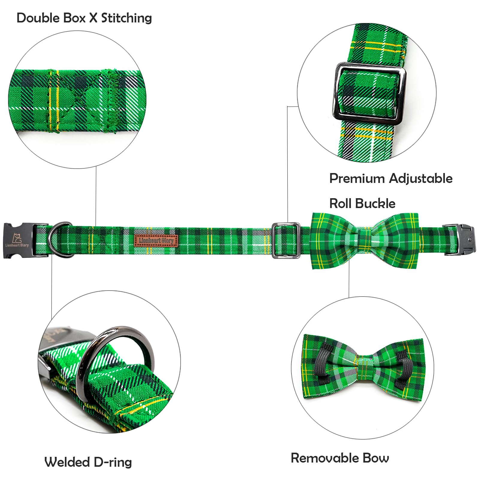 Lionheart Glory Dog Bow Collar St. Patrick'S Day Dog Collar For Large Dogs, Adjustable Green Plaid Collars Spring Dog Collar Wit