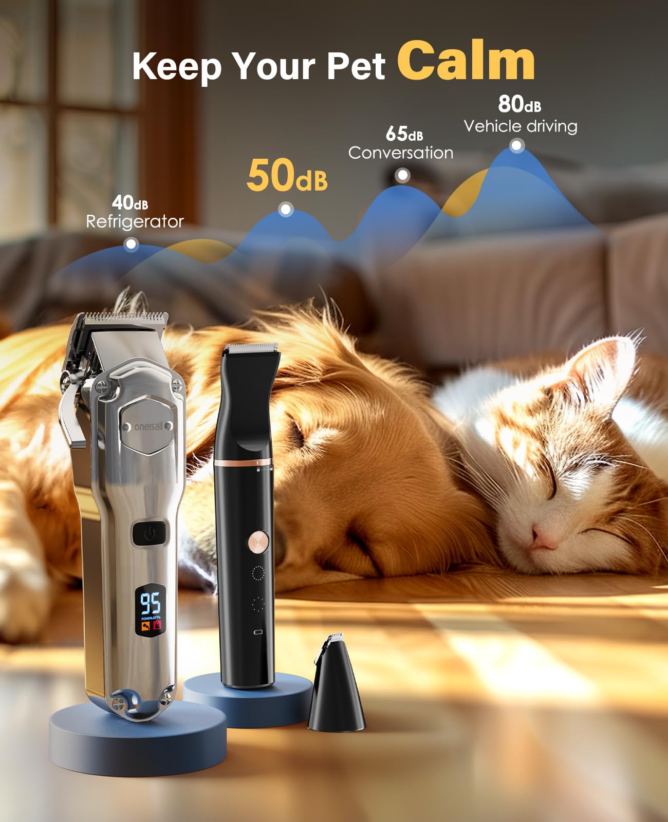 oneisall Dog Grooming Kit, Low Noise Cordless Shaver, Stainless Steel, 9in x 7in x 2in, Silver/Black, Model RFC-676+P20