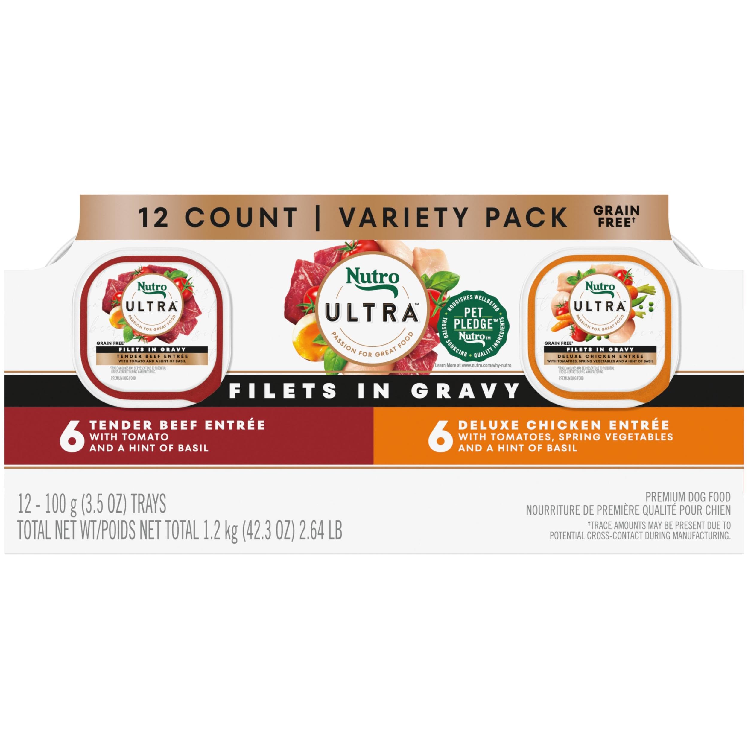 Nutro Ultra Wet Dog Food Filets in Gravy Beef & Deluxe Chicken Variety Pack, 3.5 oz. Trays (12 Count, Pack of 1)