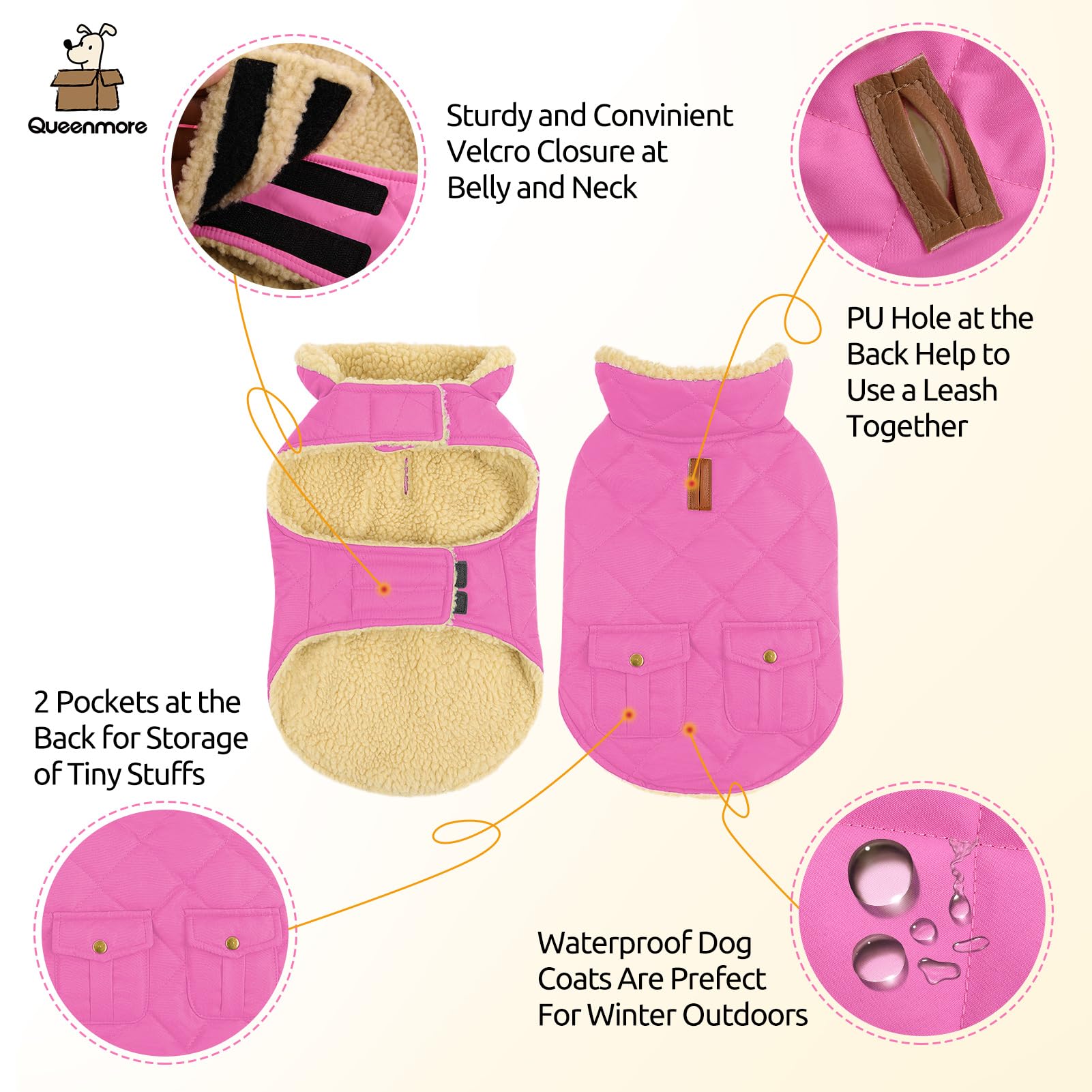 Queenmore Dog Winter Coat - Waterproof Fleece Jacket, Medium, Pink, Model 1067-QM-13488, Thick Warm Padding, Easy On Storage Pockets