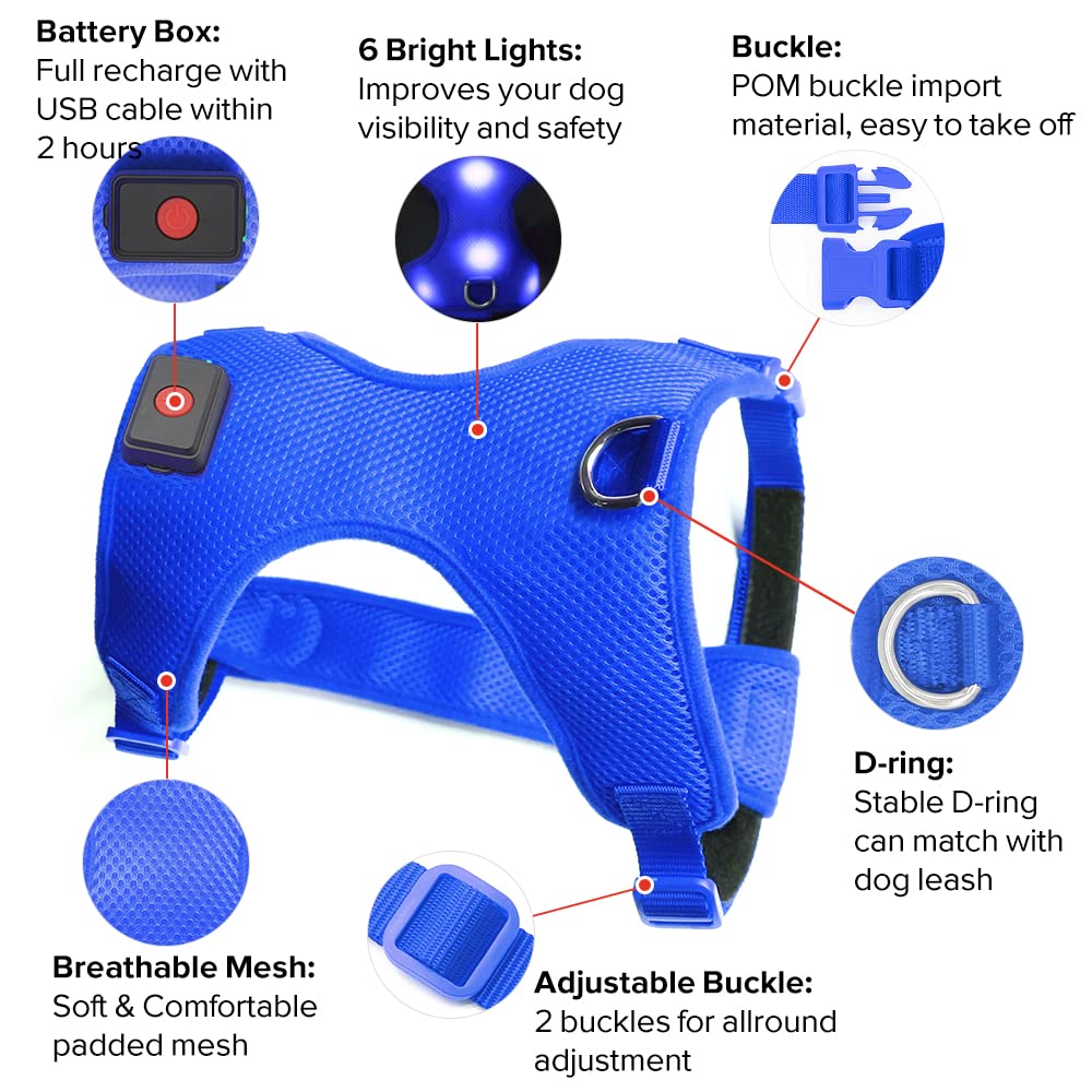 DOMIGLOW LED Dog Harness - No-Pull Light Up Dog Harness - Rechargeable Glowing Pet Vest for Night Walking & Camping (Blue, Small