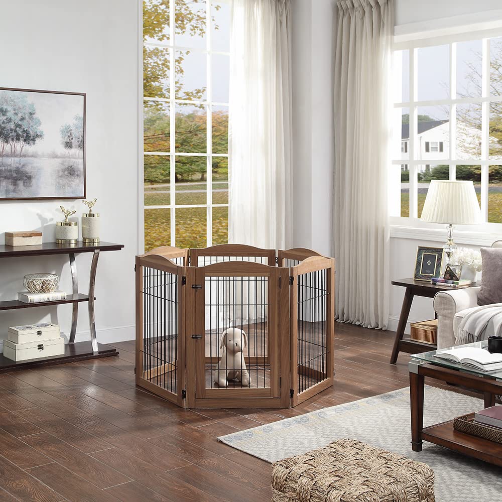unipaws Pet Playpen - 6 Panels Extra Wide Dog Gate, Foldable MDF & Wire Barrier, 132"W x 31.5"H, Walnut, Model UH5112
