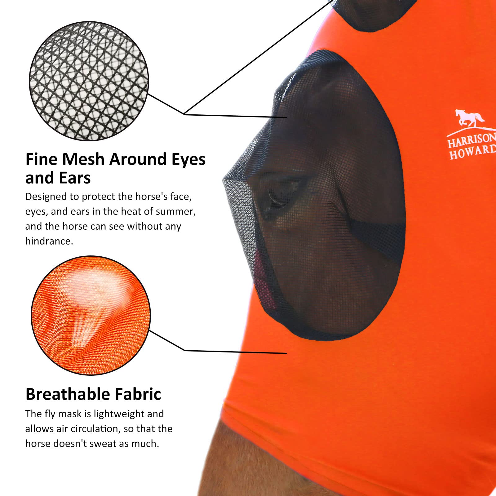 Harrison Howard Super Comfort Stretchy Fly Mask Large Eye Space with UV Protection Soft on Skin with Breathability Vibrant Orang