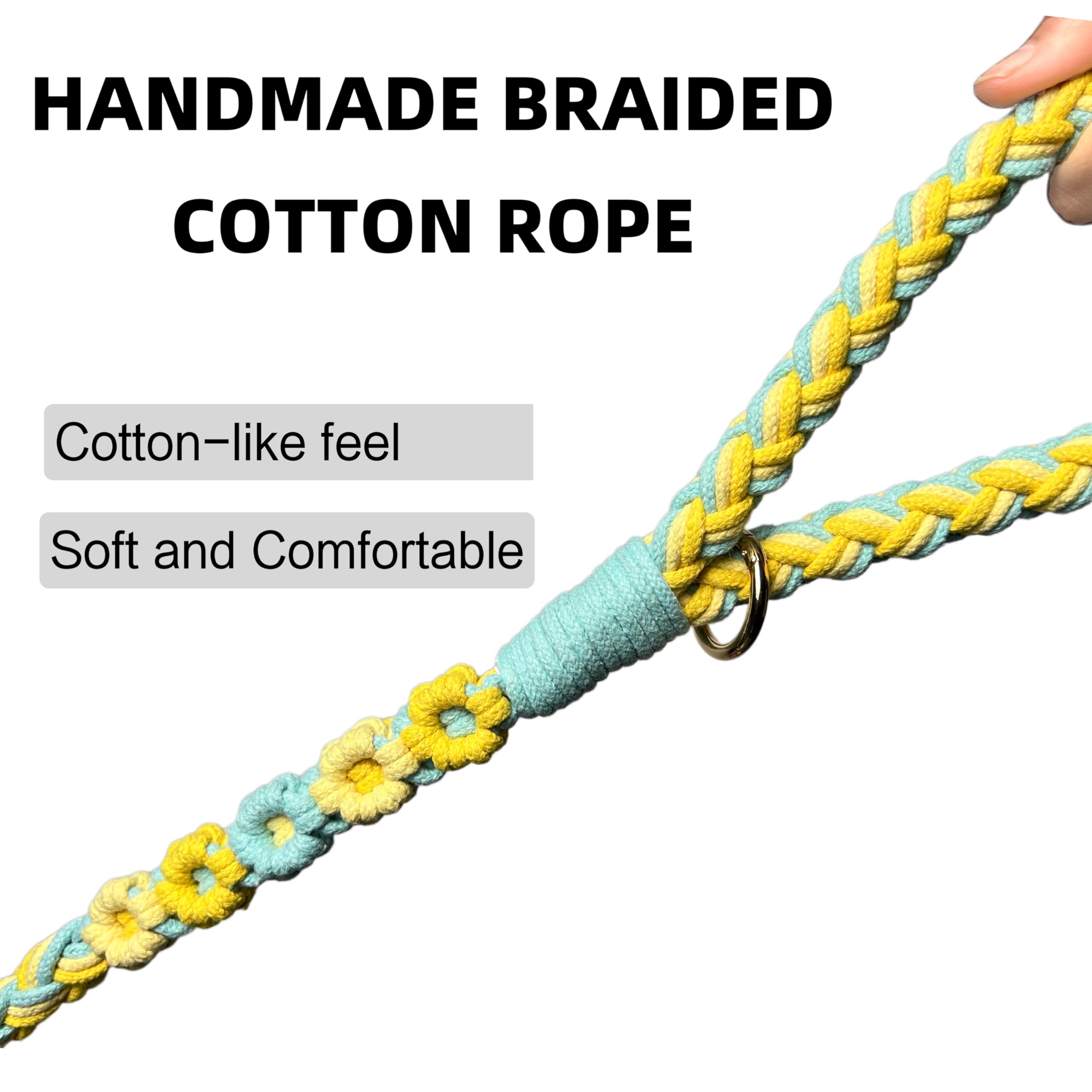 Handmade 5Ft Braided Cotton Dog Leash With Unique Floral Handle, Durable And Stylish, Ideal For Small To Large Dogs, Blue & Yell
