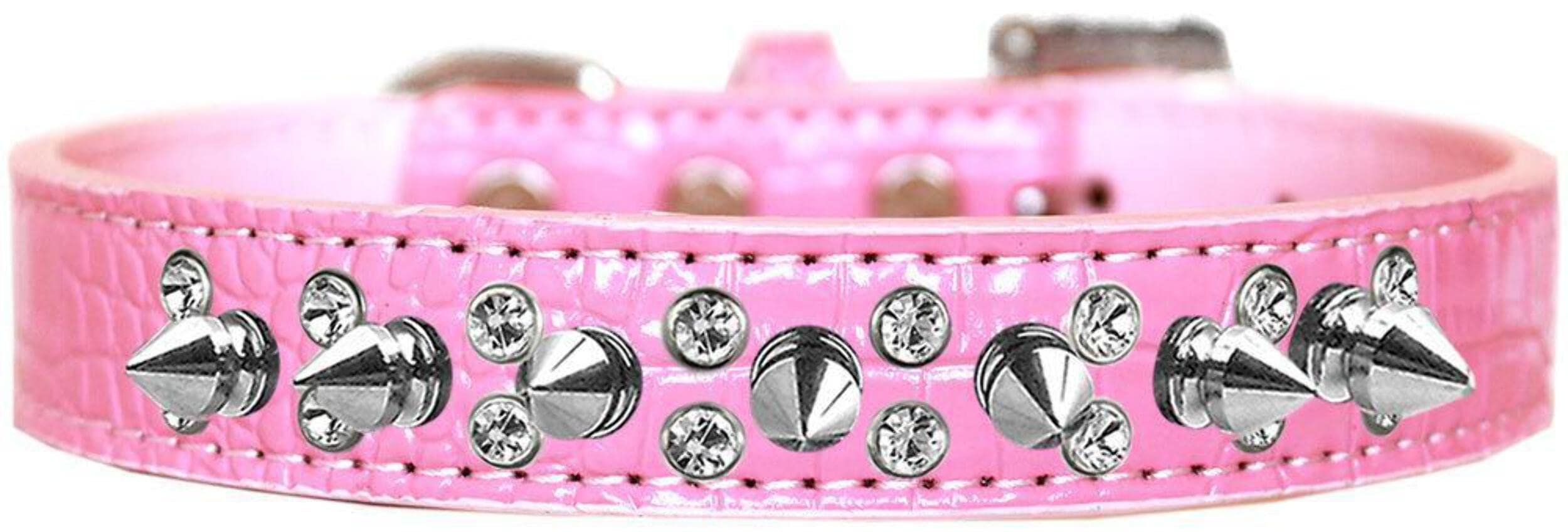 Dog, Puppy and Pet Designer Croc Collar, "Double Crystal & Silver Spikes" Light Pink 12