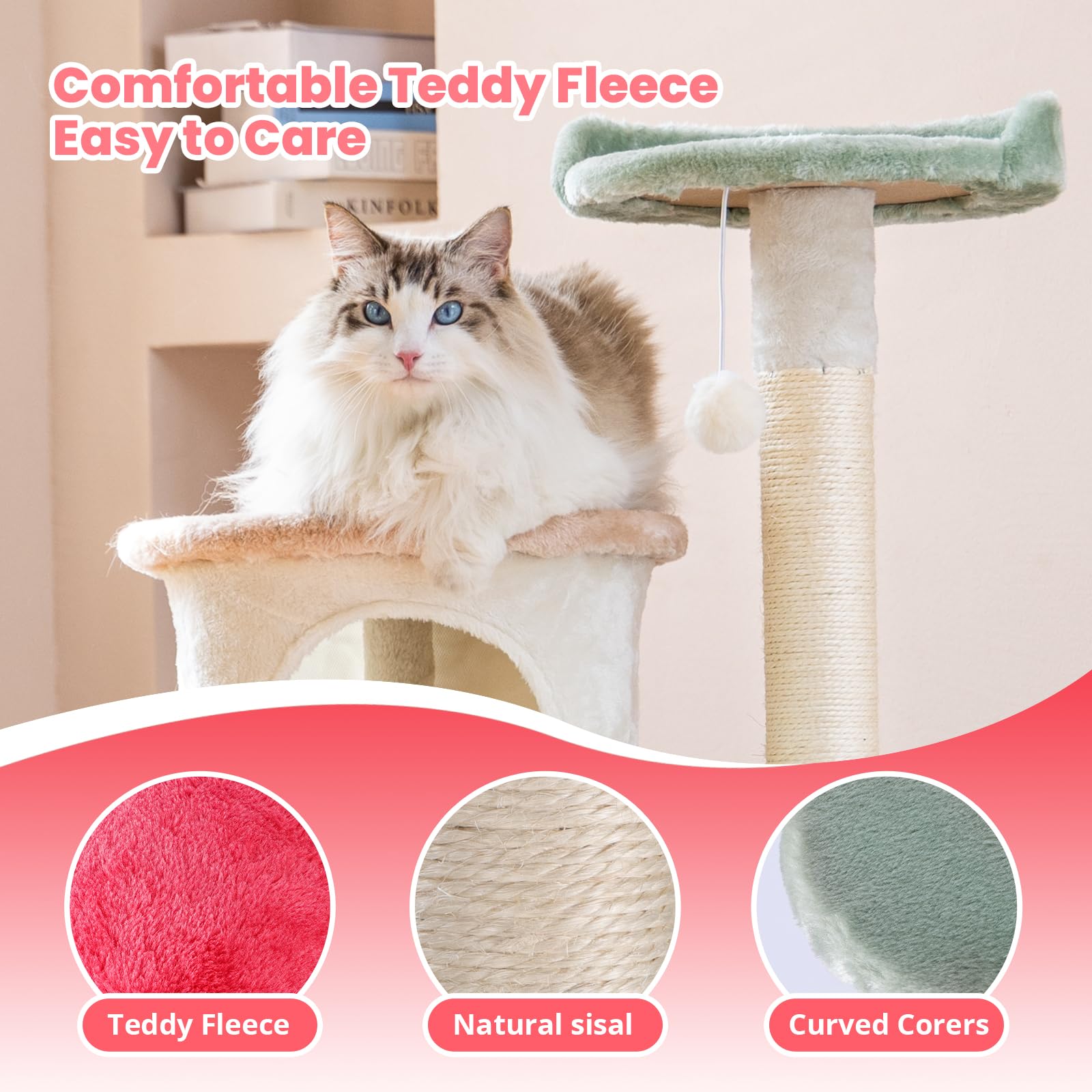 HYABI Flower Cat Tree Tower Condo - 42.7" Multi-Level Plush Habitat with Scratch Posts & Toy Ball for Indoor Cats, Model HB-22023