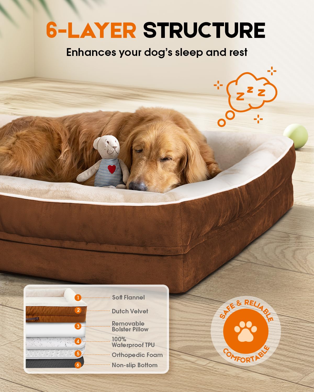 Orthopedic X-Large Dog Bed, Egg Foam Couch With Removable Washable Cover - Waterproof, Non-Slip, Four-Sided Bolster Dogs Bed, Br