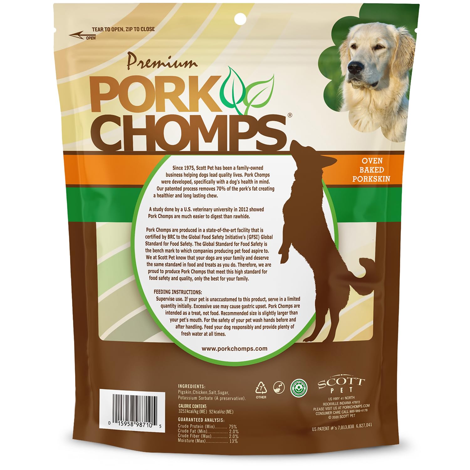 Pork Chomps Pressed Pork Skin Dog Chews, Real Chicken, 8 Count, 2.5-inch Rings, Brown