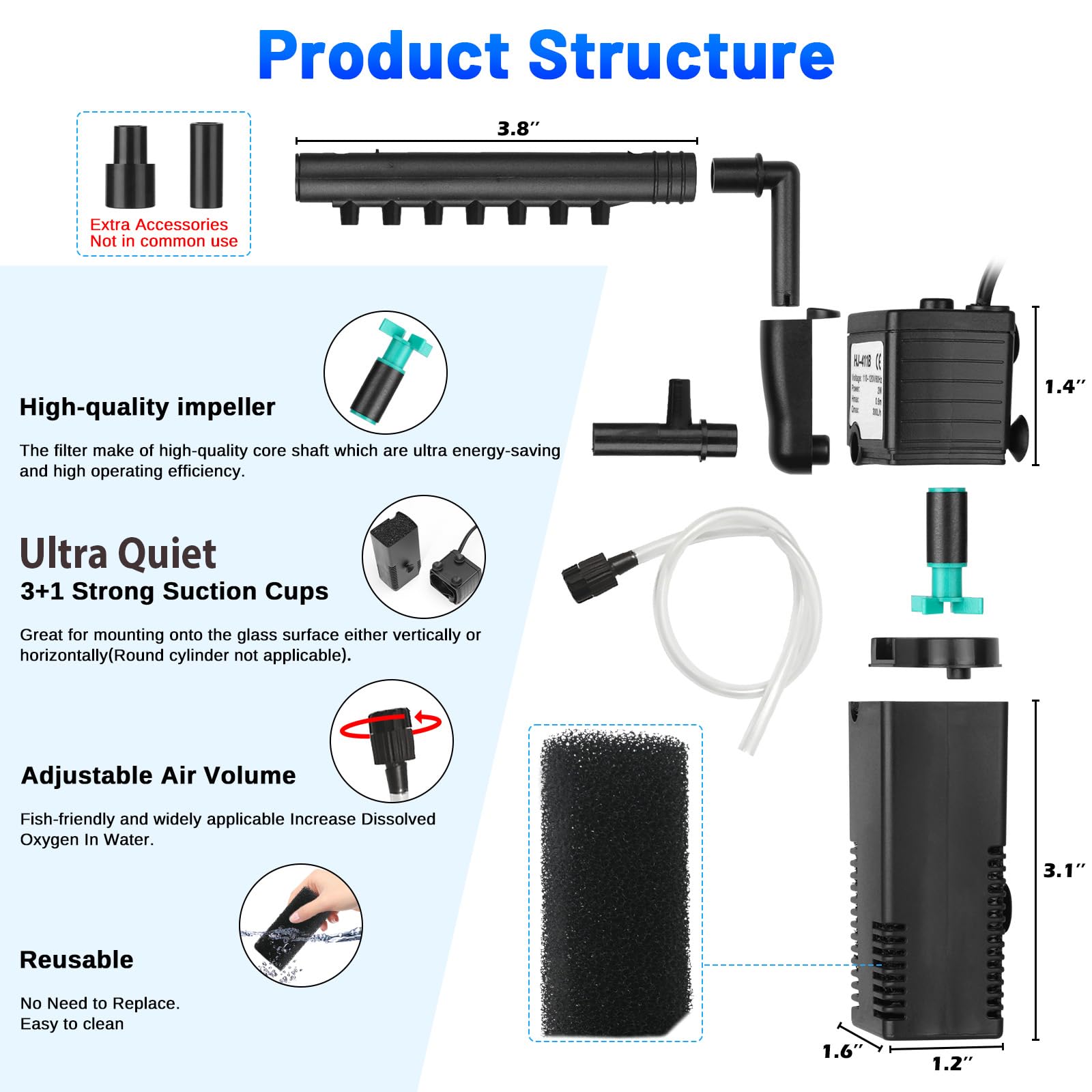 Aquarium Filter Small Betta Fish Tank Filter For 2-15 Gallon Silent 4-In-1 Adjustable Air Flow Fish Turtle Shrimp Tank Filter Su