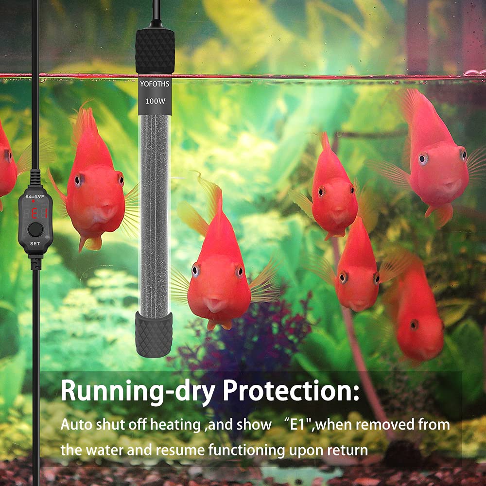 Yofoths Adjustable Mini Aquarium Heater 10-20 Gallons Submersible Small Fish Tank Heater 100W Digital Display Thermostat External Temperature Controller (100W)