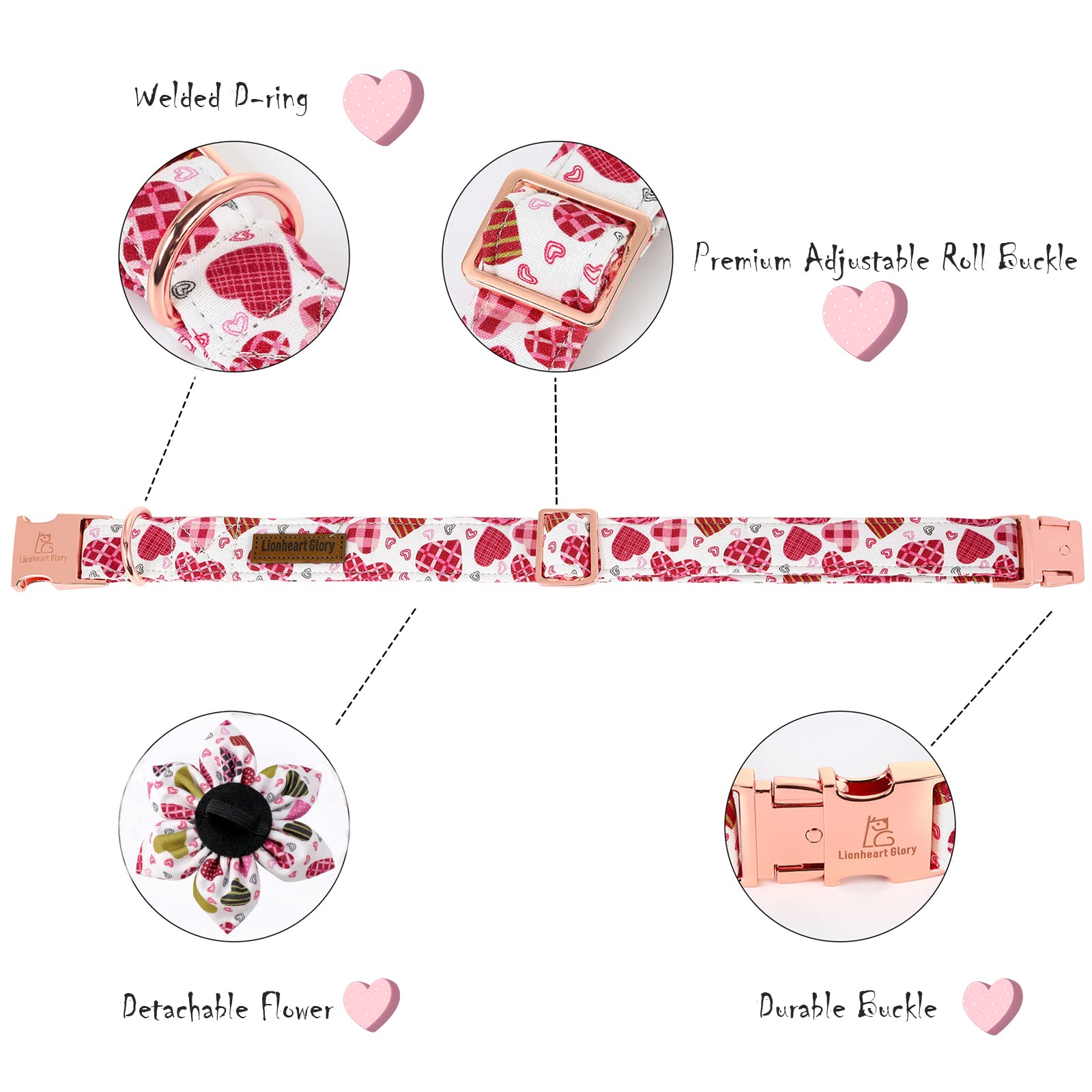 Lionheart Glory Heart Dog Collar - Valentine'S Day Collar With Cute Floral Pattern For X-Large Dogs
