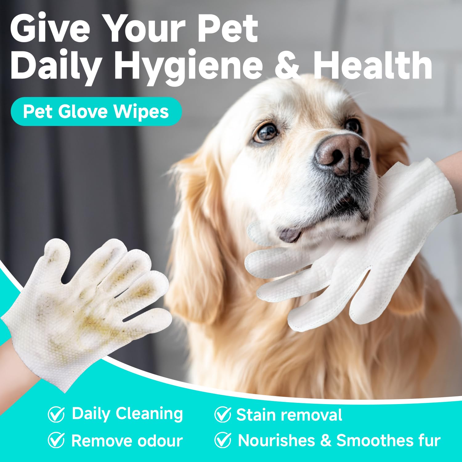 Pet Glove Wipes For Dogs And Cats [Individually Wrapped][Hypoallergenic Cleaning & Deodorising] Glove Bathing Wipes Moisture-Ric