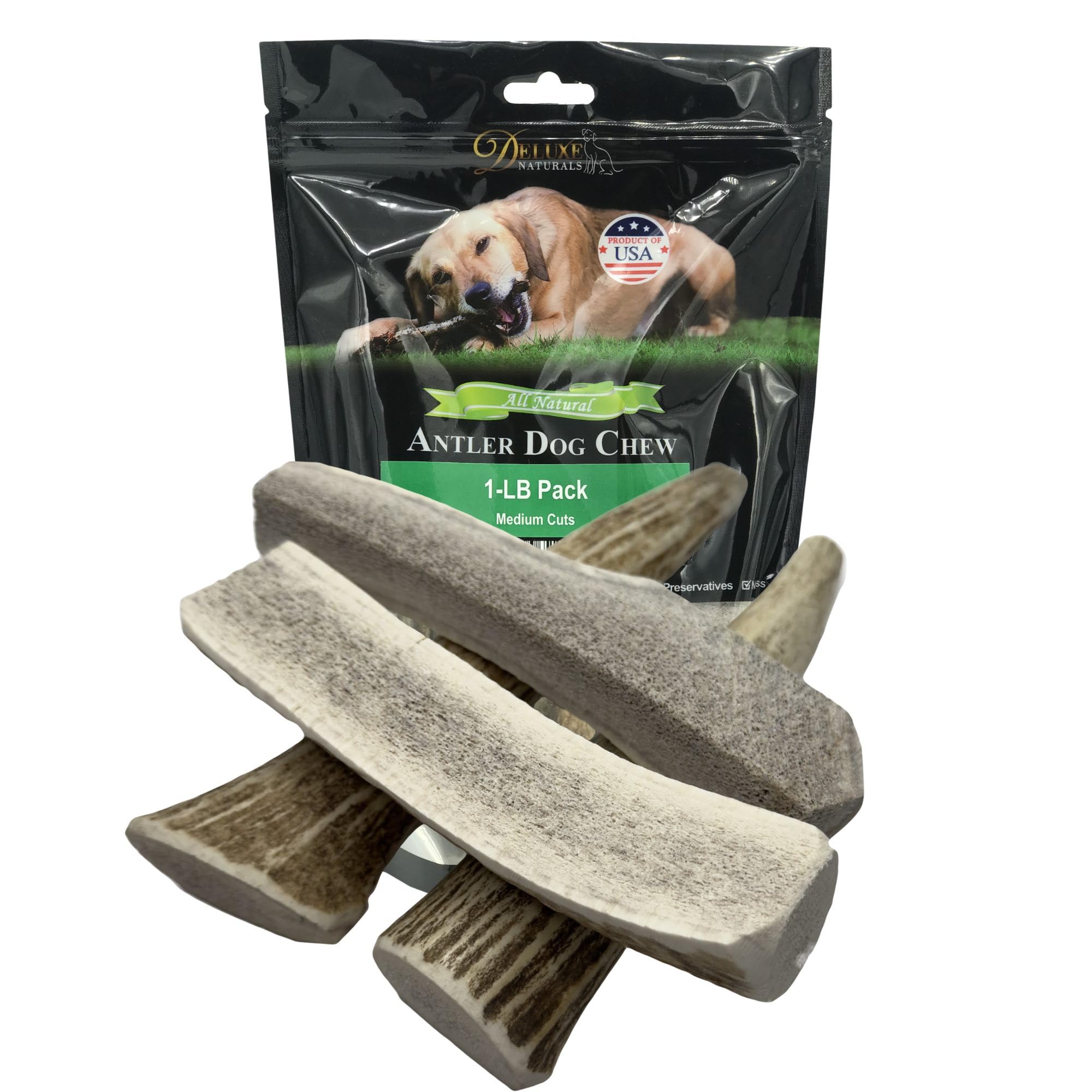 Deluxe Naturals 1-LB Medium Mixed Whole & Split Elk Antler Dog Chews (5.5-8+ in) - Long Lasting Natural Treats for Small to Medi