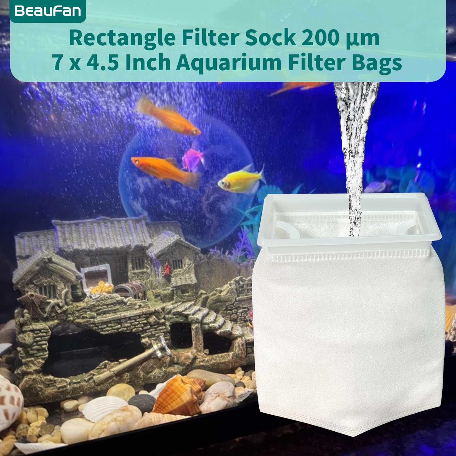 Beaufan 3 Pack Rectangle Filter Sock 200 M 7 X 4.5 Inch Aquarium Filter Bags Aquarium Filter, Rectangle Aquarium Filter Sock, Re