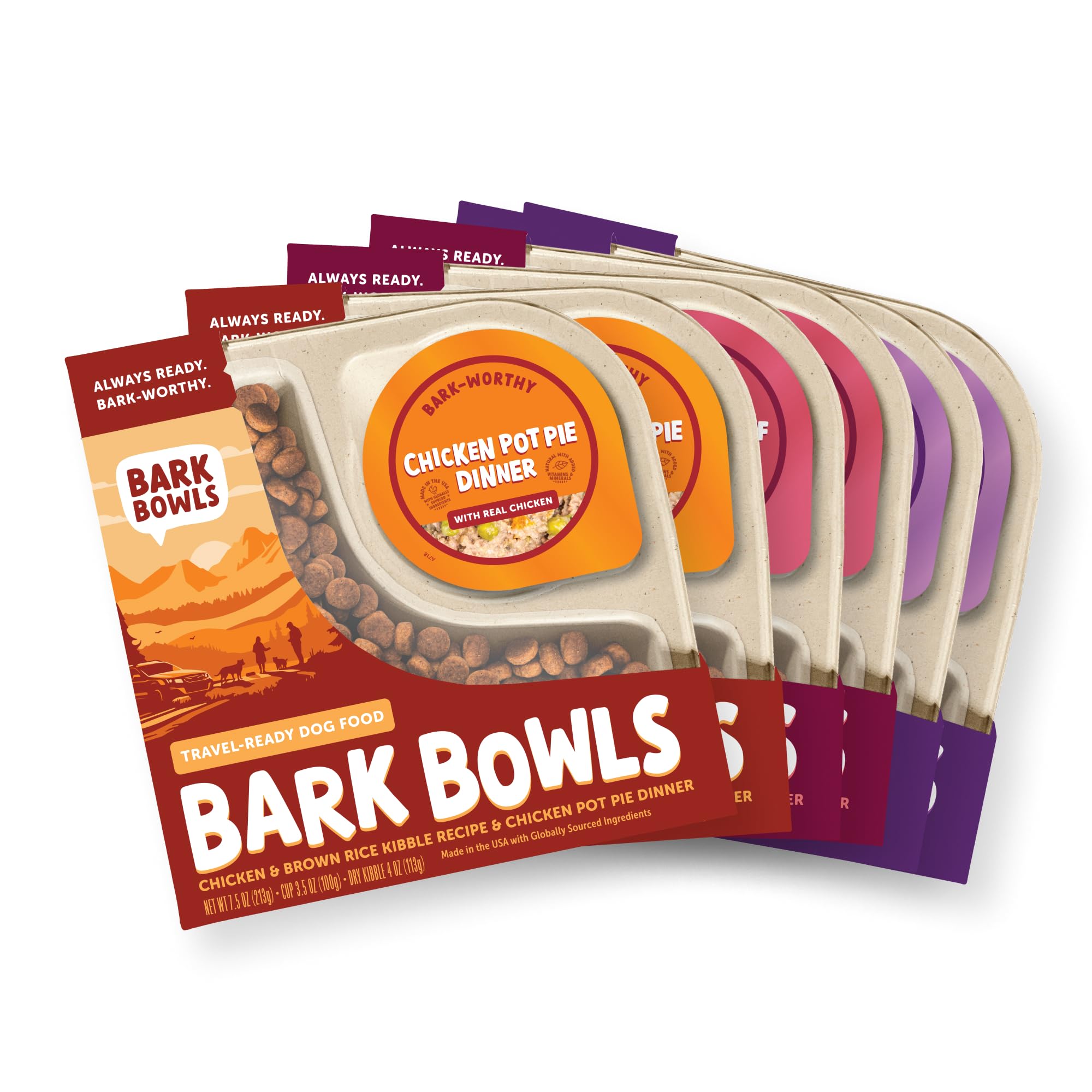 Bark Bowls On The Go Dog Food, Chicken Pot Pie Dinner, Turkey Fare Dinner & Homestyle Beef Dinner Variety Pack - 7.5 oz Tray (6 