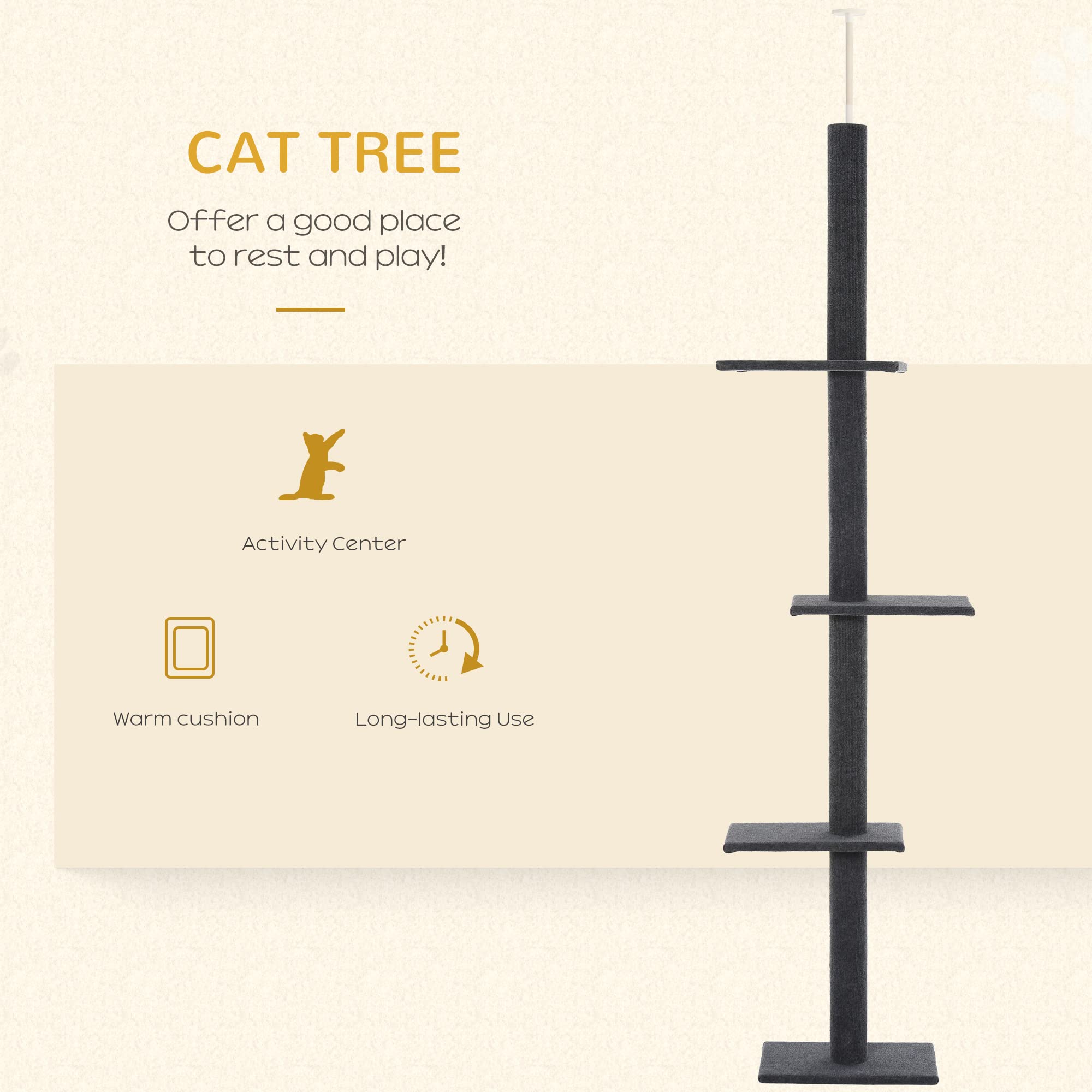 Pawhut Floor-To-Ceiling Cat Tree Cat Climbing Tower With Sisal-Covered Scratching Posts Natural Cat Tree Activity Center For Kittens Cat Tower Furniture, Gray