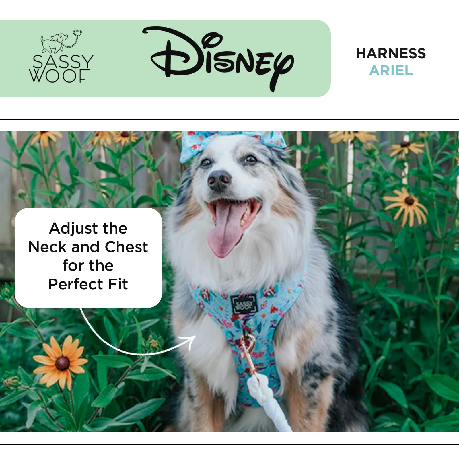 Sassy Woof Dog Adjustable Harness - Disney Princess Little Mermaid Ariel - L, Breathable Mesh, No Pull Design With Two D-Rings,