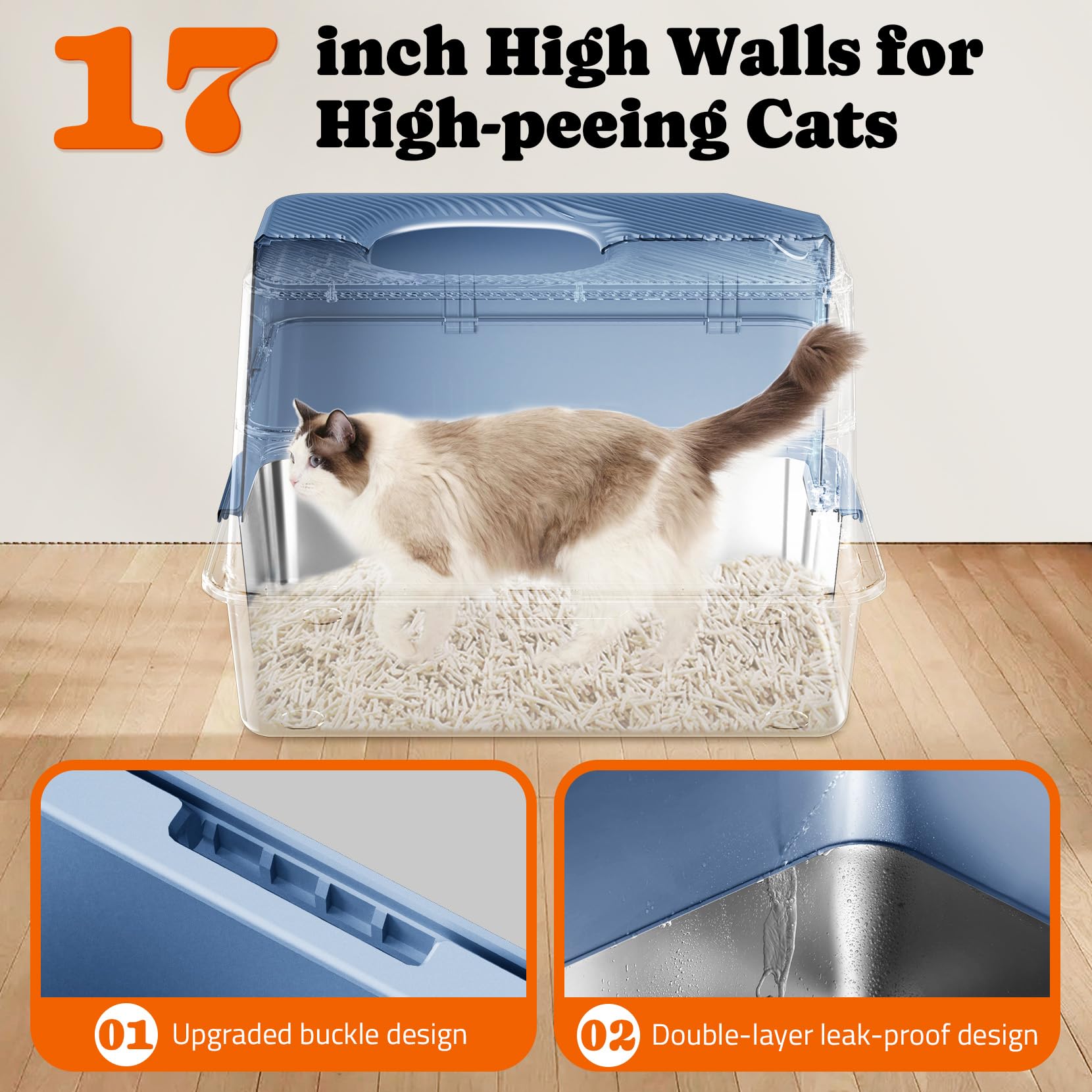 Pawtners XL Stainless Steel Cat Litter Box - Enclosed Blue Toilet with Removable Lid, Anti-Leakage, Easy to Clean