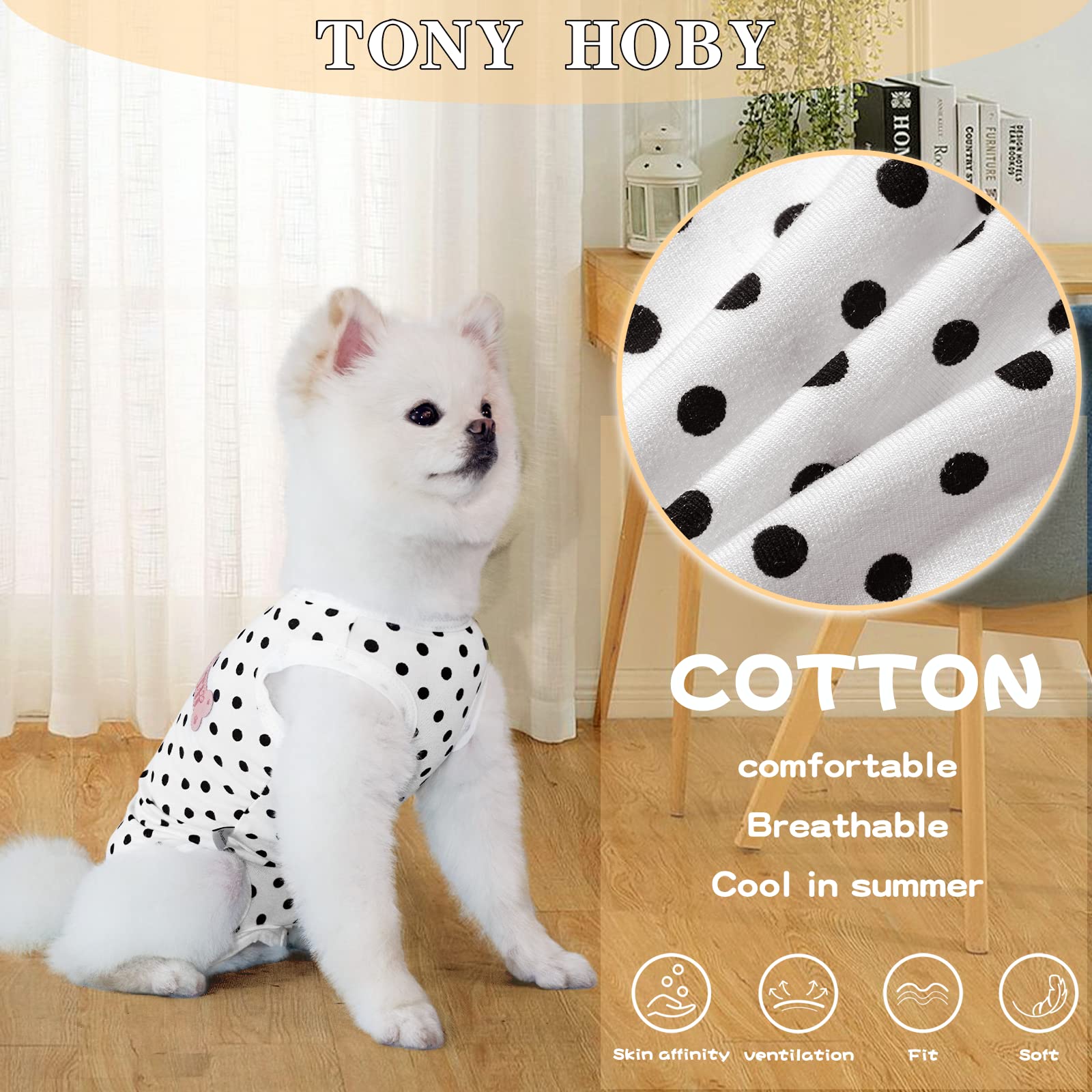 Tony Hoby Summer Dog Pajamas, Dog Sleeveless, Soft Breathable Dog Jumpsuit With Polka Dots (Black, L)