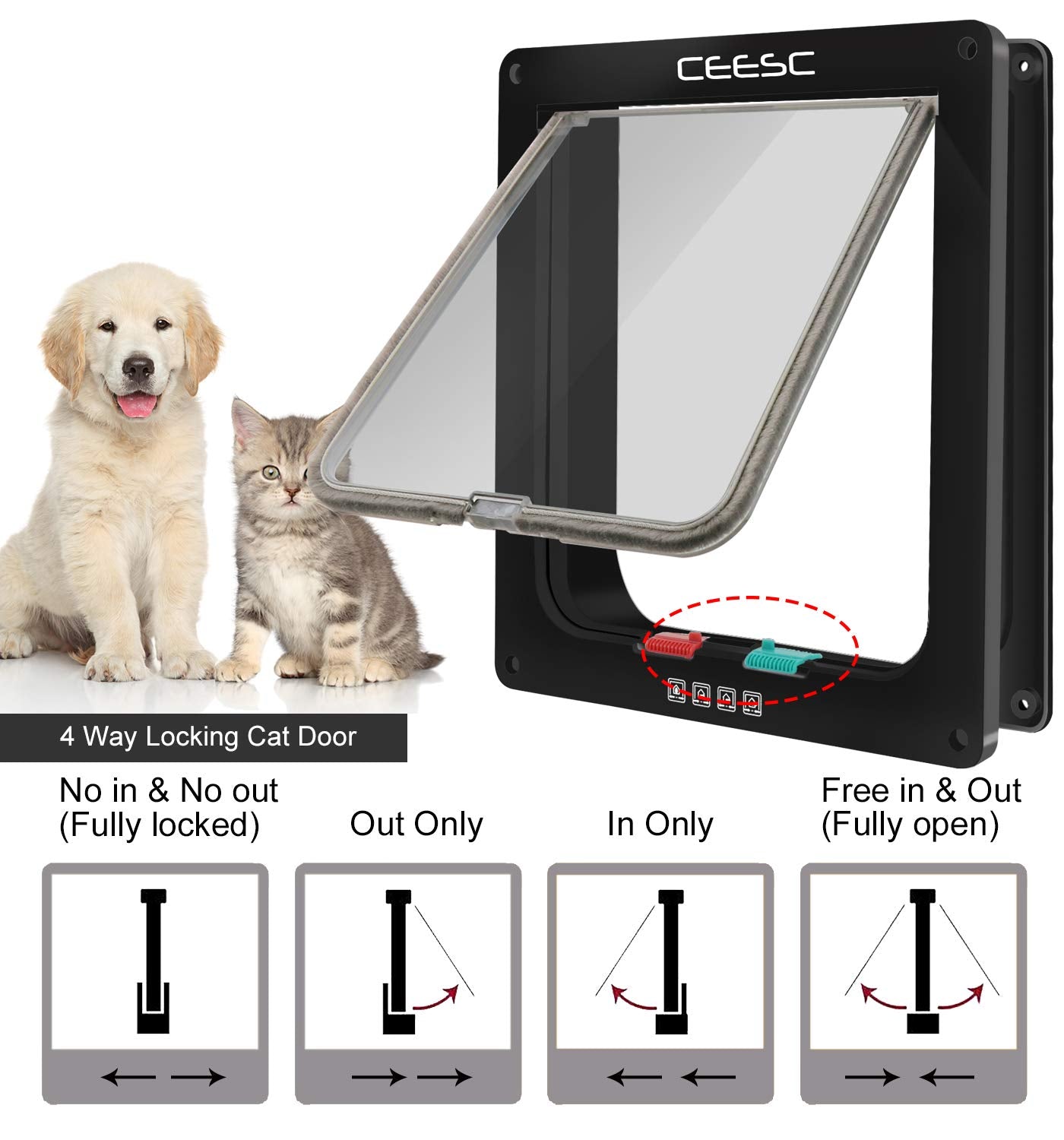 Ceesc Extra Large Cat Door (Outer Size 11'' X 9.8''), 4 Way Locking Large Cat Door For Interior Exterior Doors, Weatherproof Pet