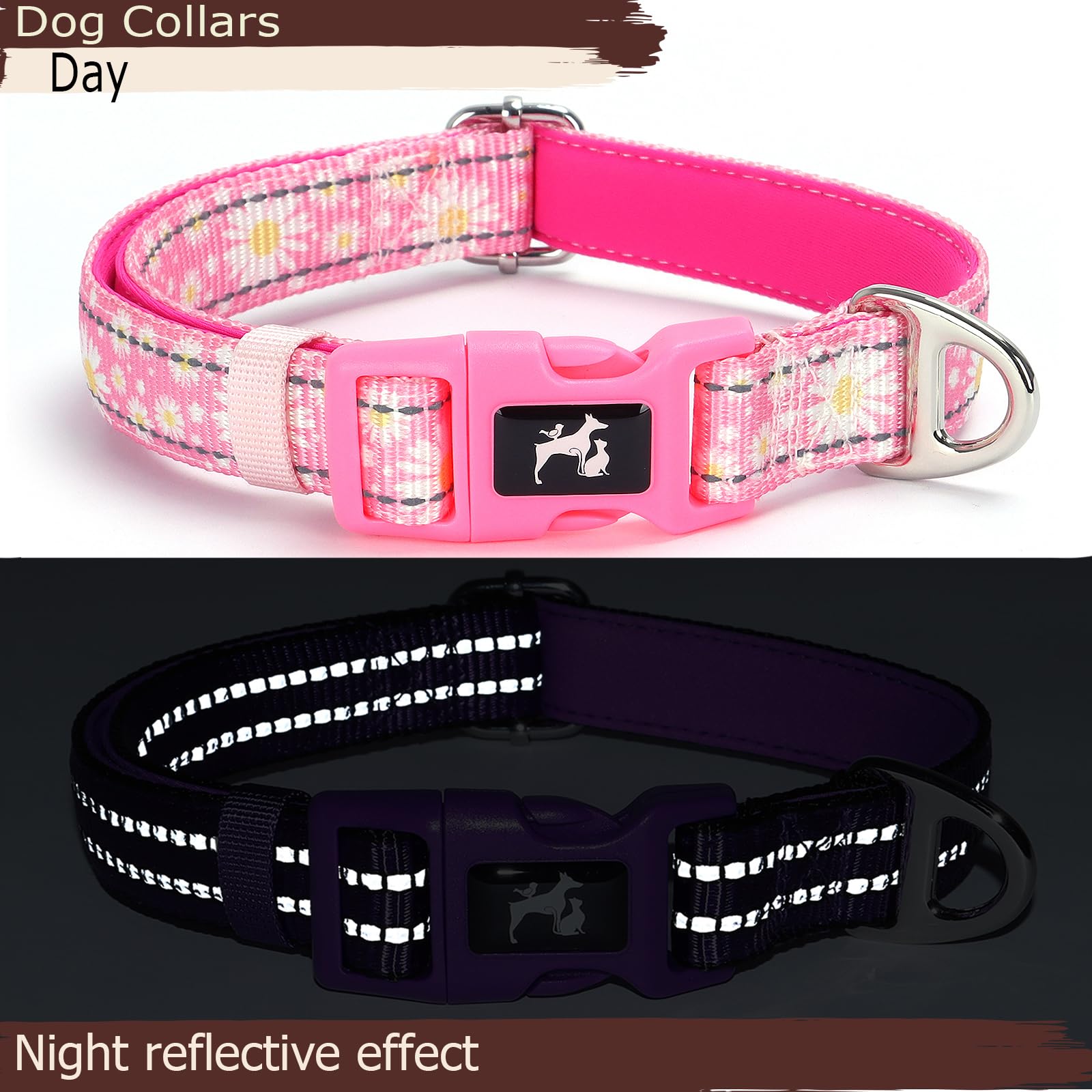 Maowuwujoz Reflective Dog Collar For Large Dogs - Soft Neoprene Padded, Adjustable Nylon Durable With Stylish Pink Daisy Design