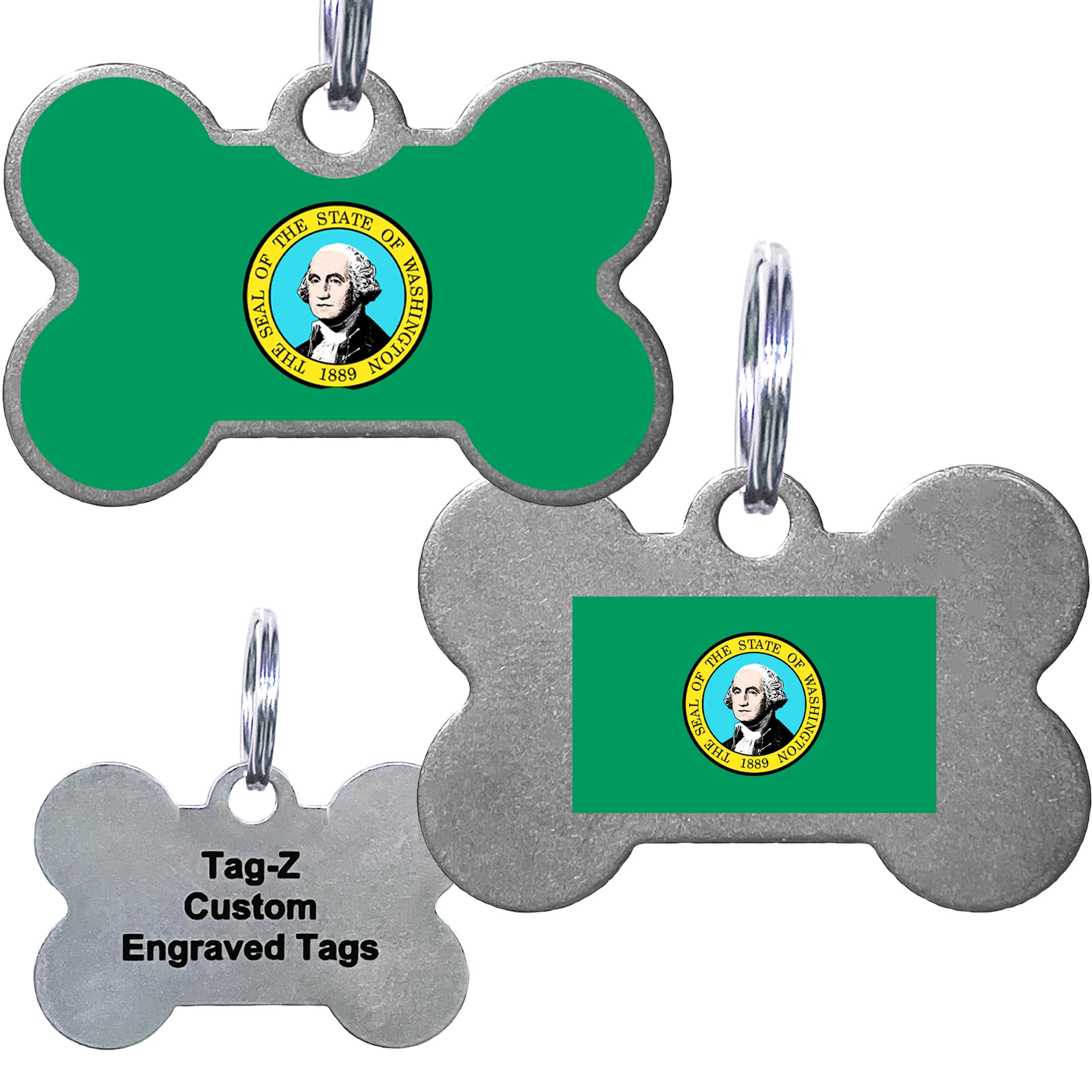 Washington Flag Pet Id Tags, Custom Printed And Laser Engraved Bone