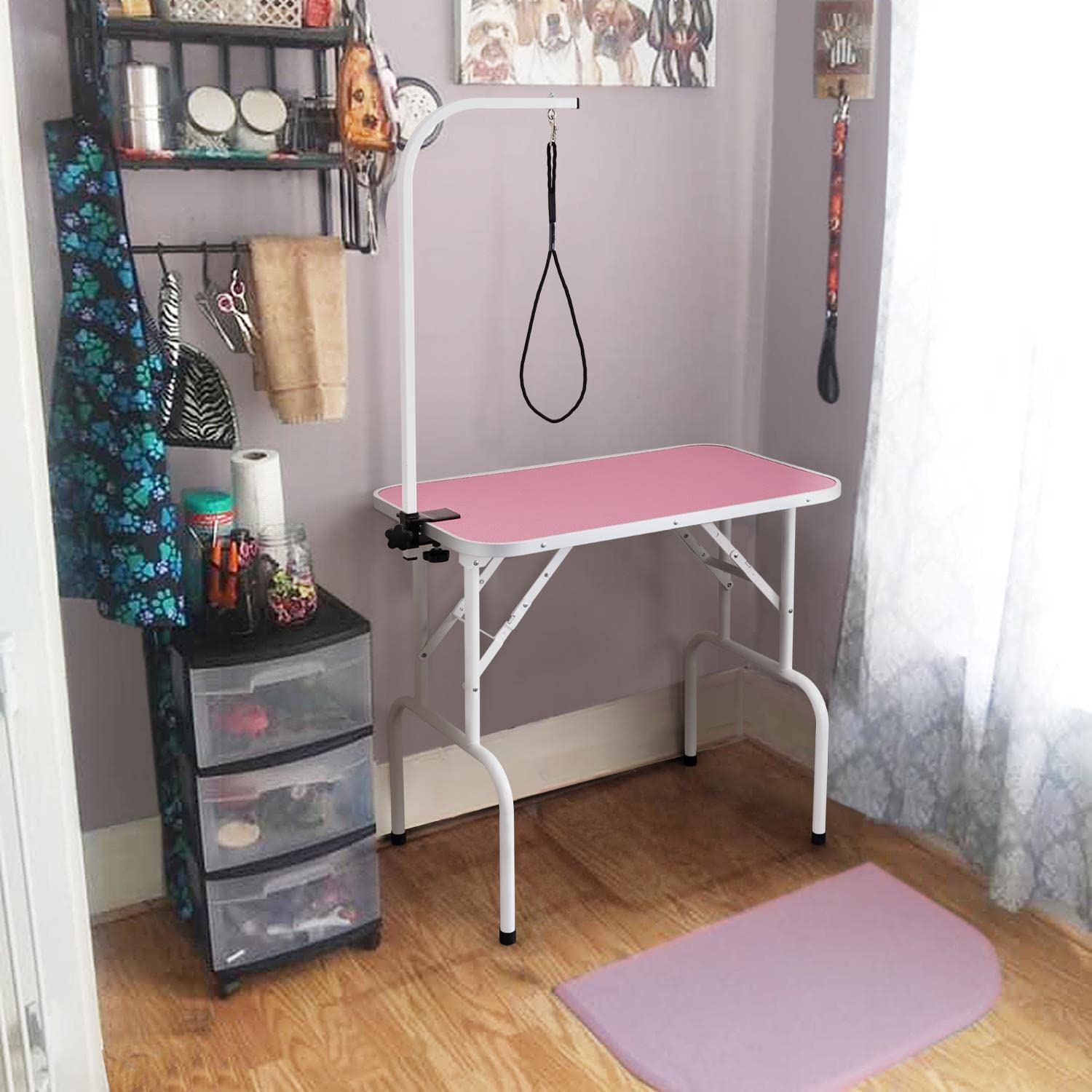 Costoffs Foldable Dog/Cat/Pet Grooming Table Trimming Table With Adjustable Arm Folding Legs&Waterproof Surface Maximum Capacity Up To 100Kg, Pink