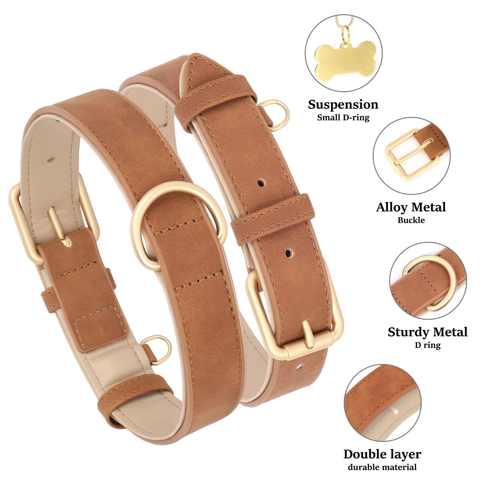 Didog Soft Padded Leather Dog Collar, Adjustable Dog Collars For Medium Dogs With Heavy Duty Metal Buckle And D Ring,Brown,L