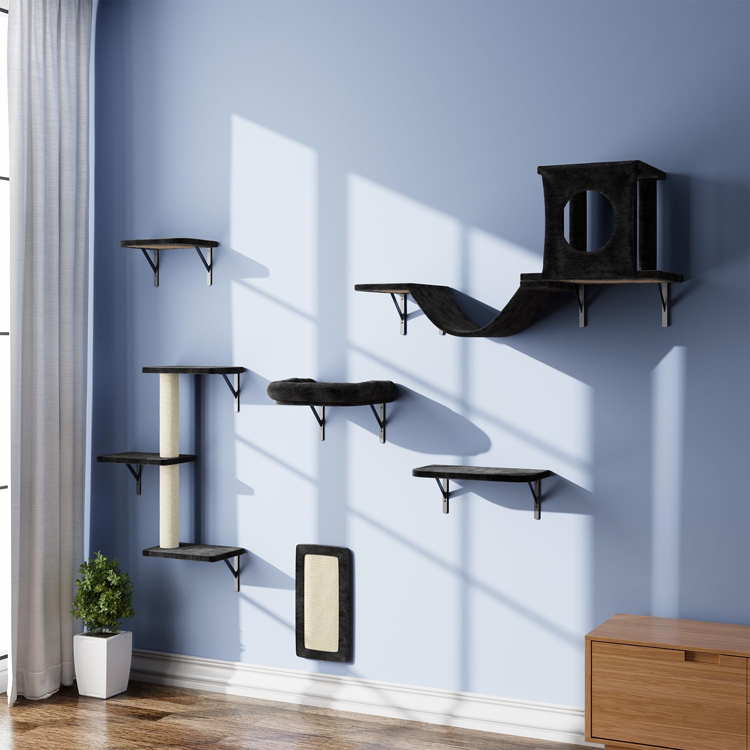 Wall Mounted Cat Furniture Set - 6pc Climber With House, Bridge, Tree, Steps, and Scratcher - DIY Walls Playground, Indoor Shelv