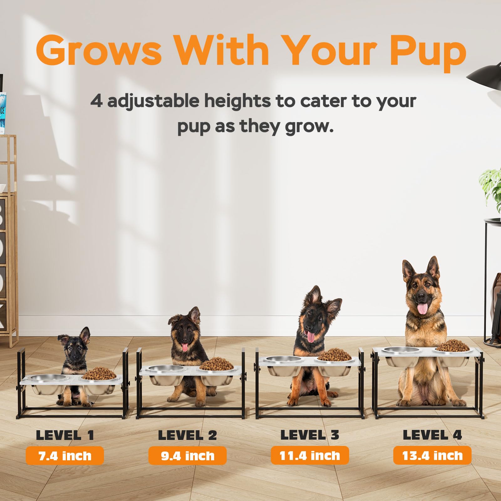 Elevated Dog Bowls For Large Dogs, 4 Height Adjustable Tilted Raised Dog Bowl Stand With 2 Stainless Steel 2L Bowls, 13.6'' Tall