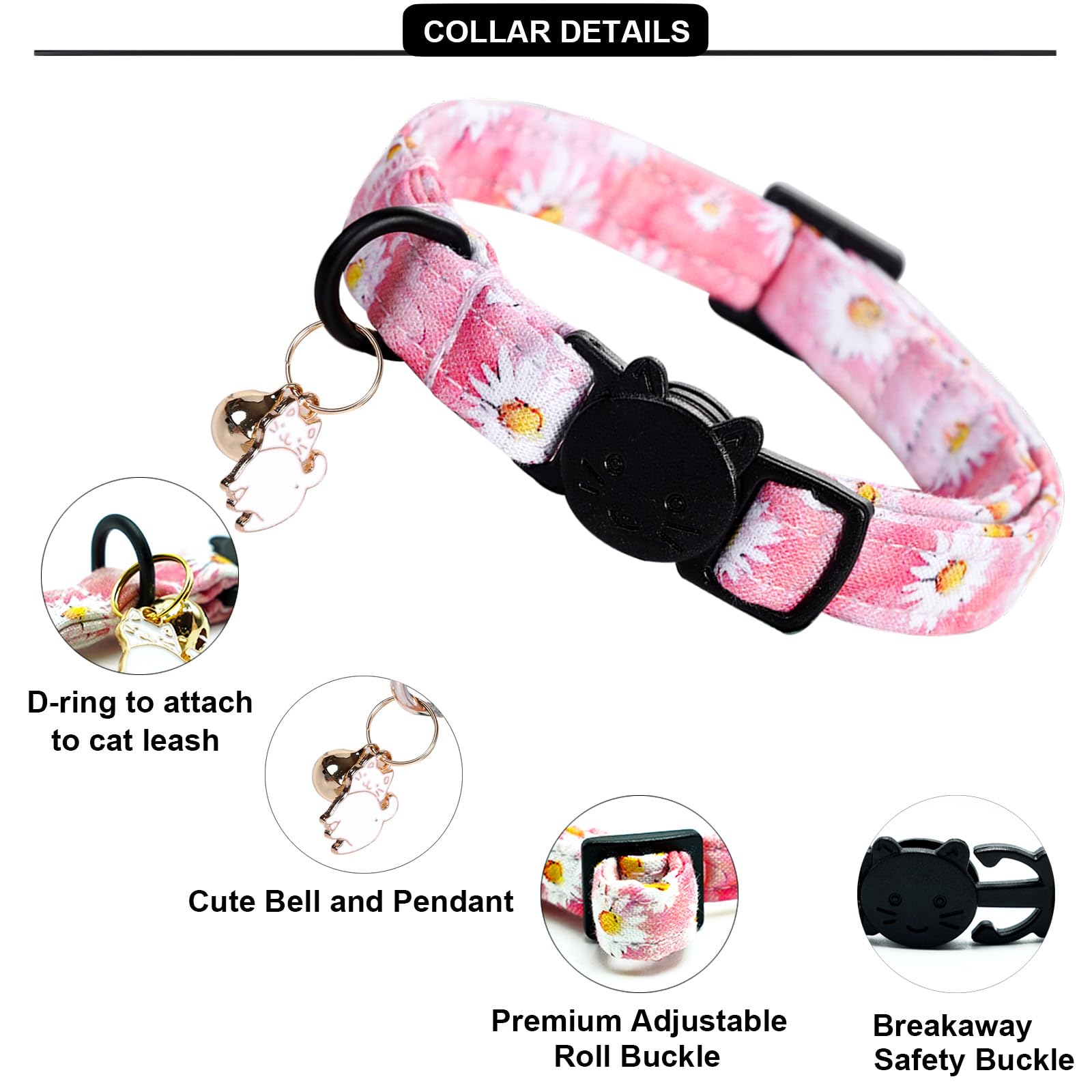Lionheart Glory 2 Pack Cat Collar Breakaway With Bell & Pendant Pink Flowers Kitten Collar Soft Adjustable Safety Cat Collars Fo