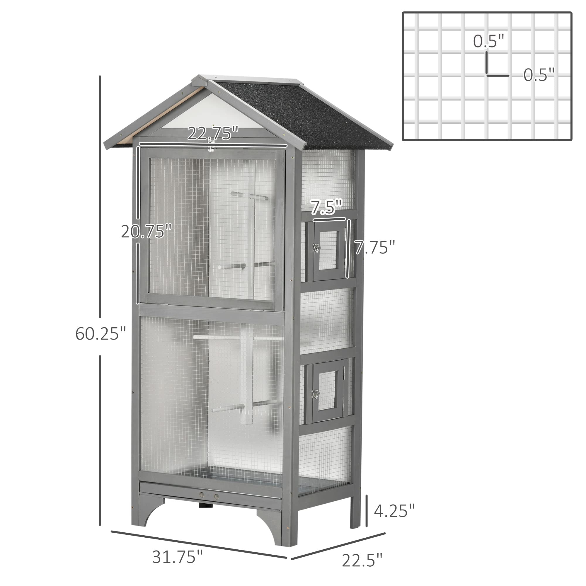 Pawhut 60' Wooden Outdoor Bird Cage For Finches, Parakeet, Large Bird Cage With Removable Bottom Tray 4 Perch, Light Gray