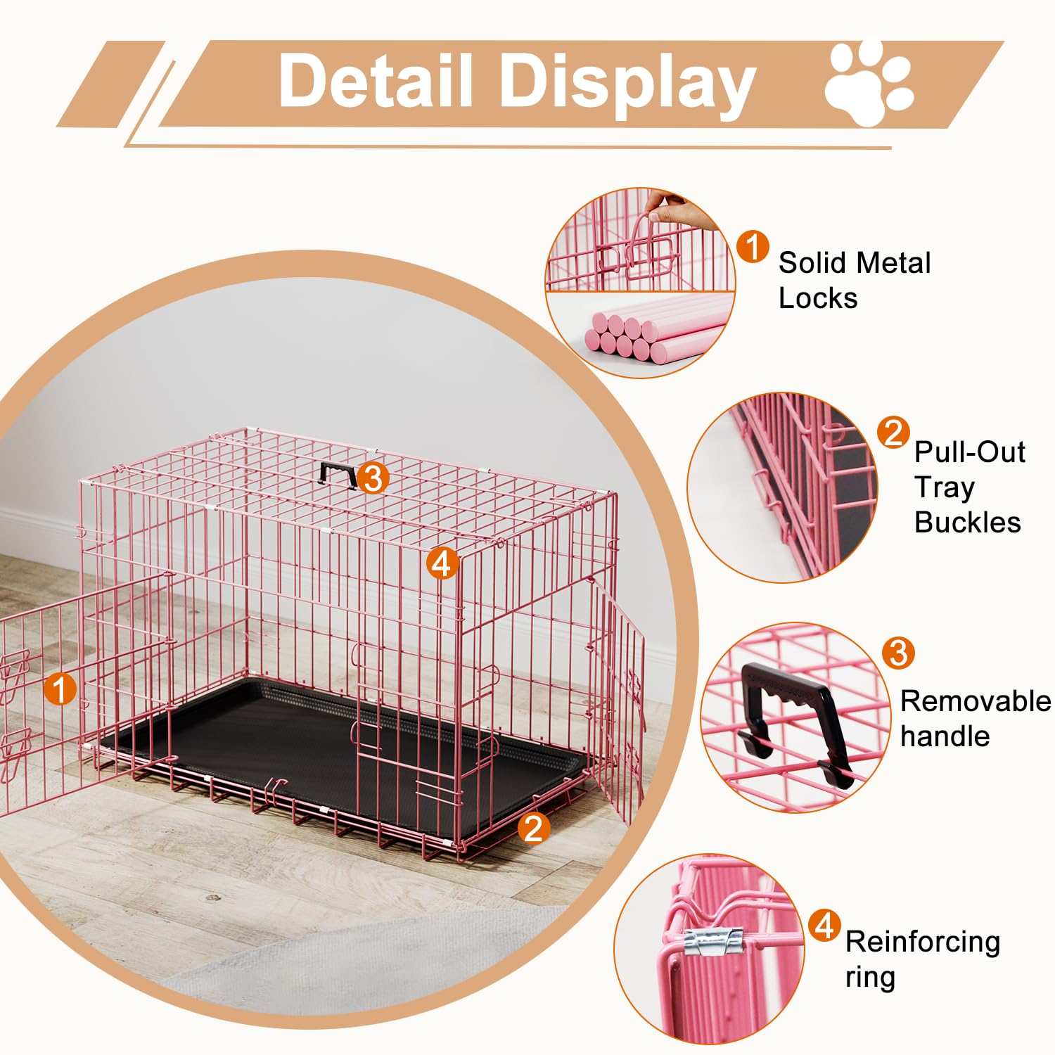 FDW Dog Crate - 30" Metal Folding Cage with Plastic Tray for Small/Medium Dogs, Pink