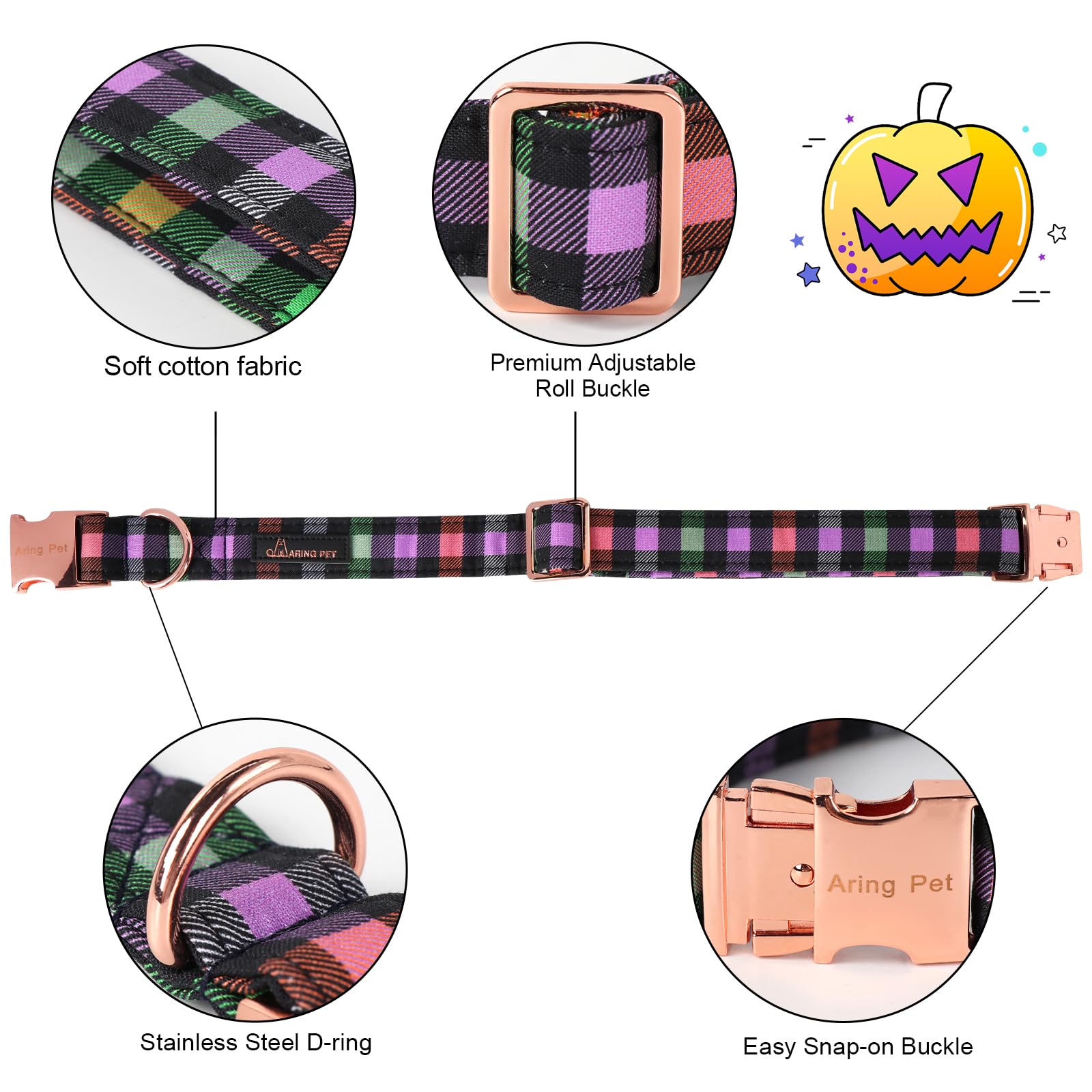 Aring Pet Halloween Dog Collar, Cute Cotton Fall Dog Collar With Bow, Adjustable Halloween Plaid Pet Collars With Metal Buckle