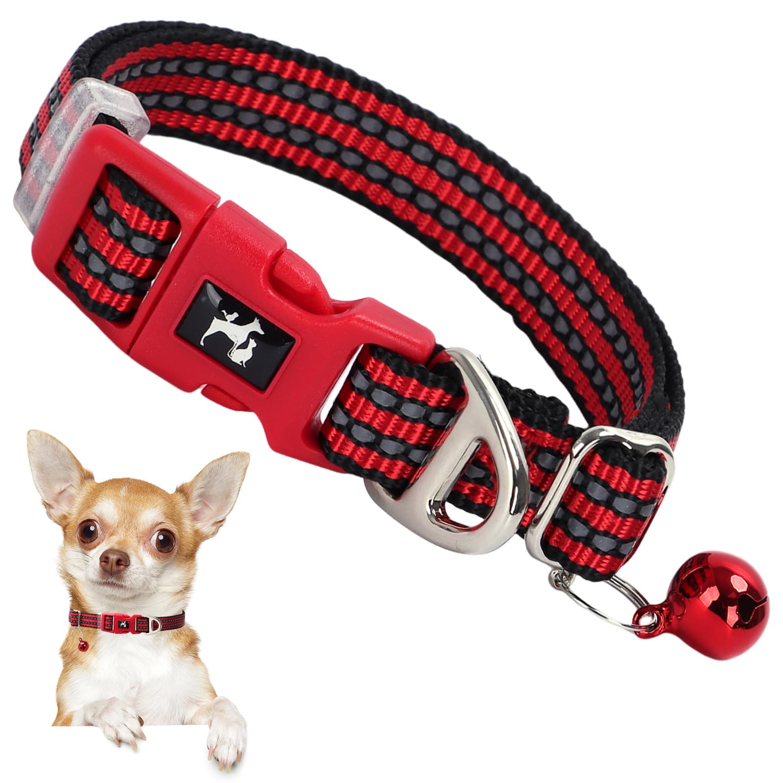 Onefojojo Adjustable Puppy Collar With Bell - Reflective Nylon Dog Collar For Small Breeds, Chihuahua Pomeranian, Nighttime Safe
