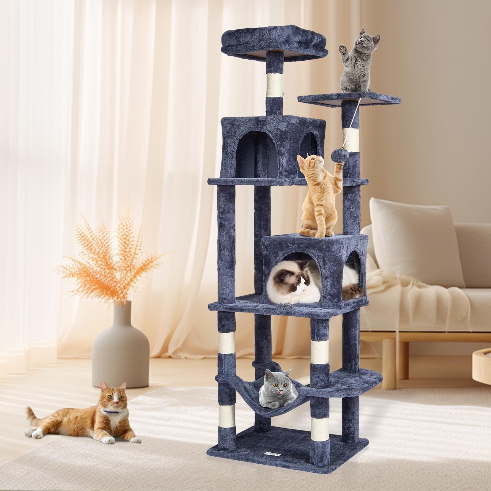 VEVOR Cat Tree 63 Cat Tower with 2 Cat Condos Sisal Scratching Post Light Grey