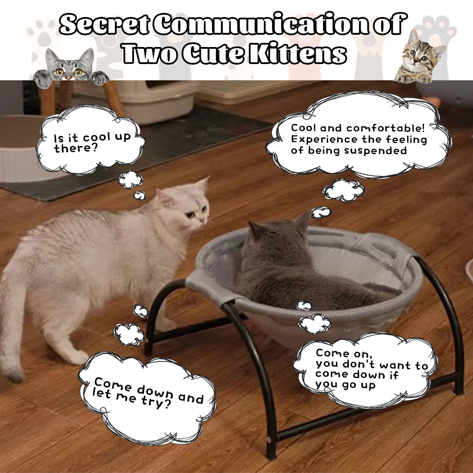 Fhiny Cat Hammock Bed, Removable & Washable Elevated Pet Hanging Nest Free-Standing Breathable Cooling Cot Sofa With Heavy Duty Iron Frames For Indoor Cats Kitten Puppy Sleeping