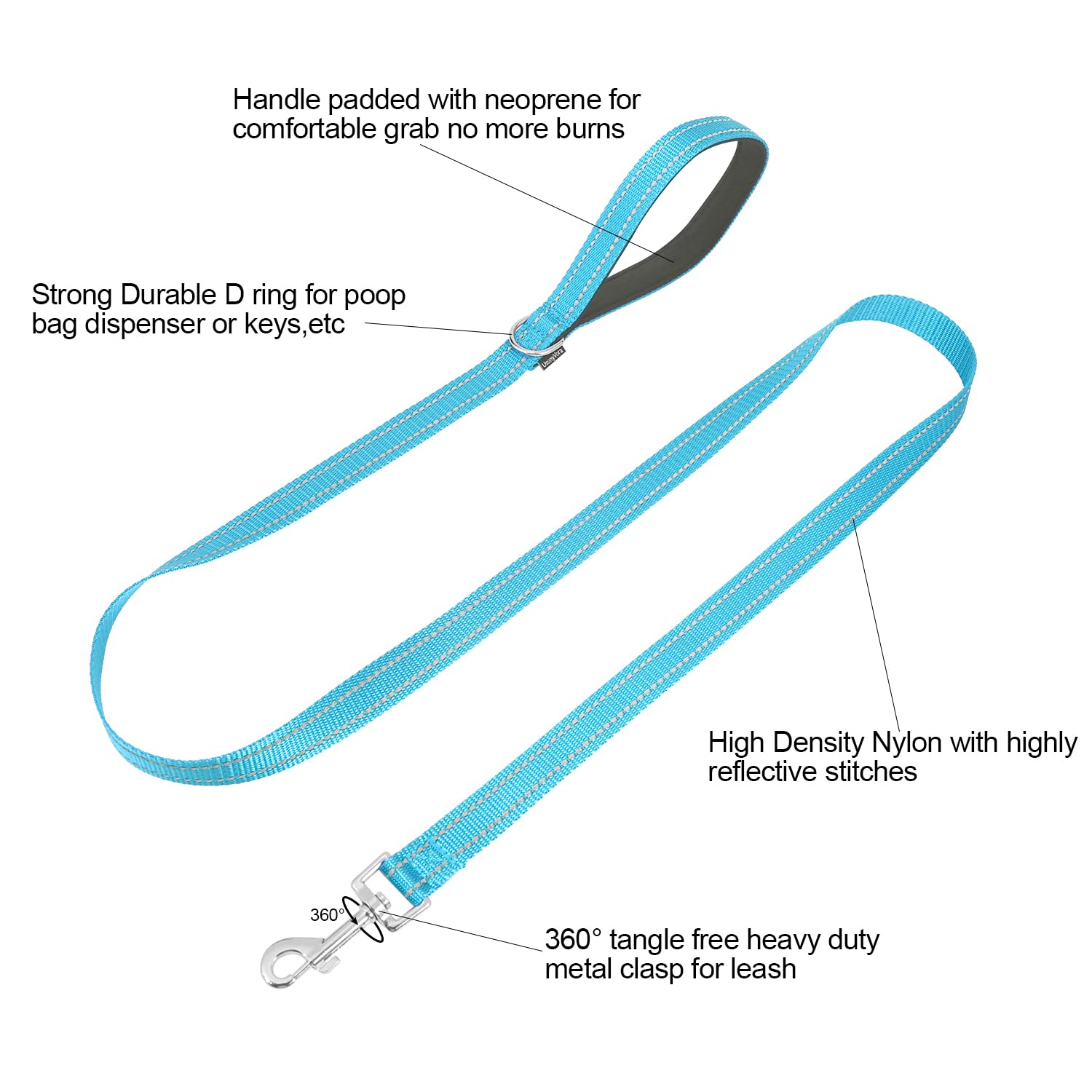 Usunyvora Reflective Nylon Dog Leash For Walking,Strong Dog Leash With Padded Handle For Medium And Large Dogs,5 Ft,Sky Blue