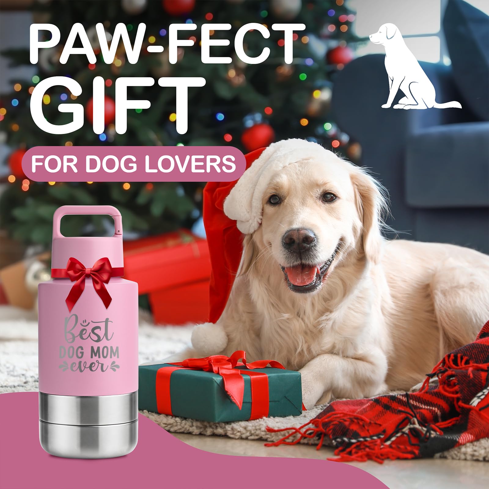 KEWIXY Insulated Dog Travel Water Bottle Dispenser, 32 Oz, Stainless Steel, Pink: Best Dog Mom, Model HD-010-TX