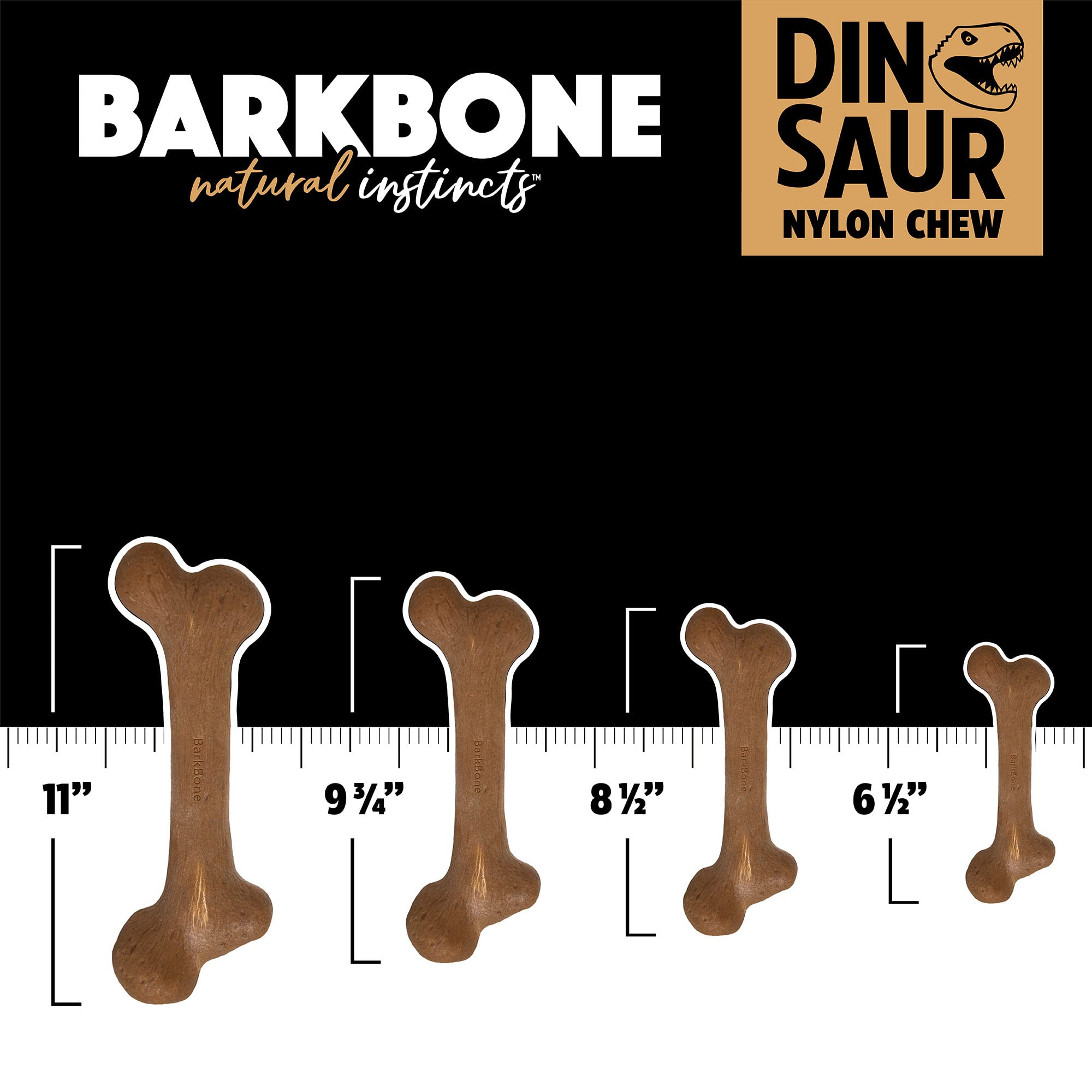 Pet Qwerks Dinosaur Barkbone - Wood Dog Bone For Moderate Chewers - Peanut Butter Flavor - 8.5', Small Breeds