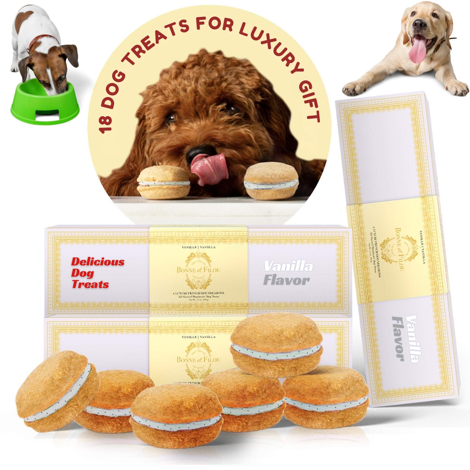 Bonne et Filou Dog Treats Vanilla Cupcakes, Dog Birthday Gift for Medium to Large Breed - Gourmet Macaron Cakes, 18 Count Bulk P