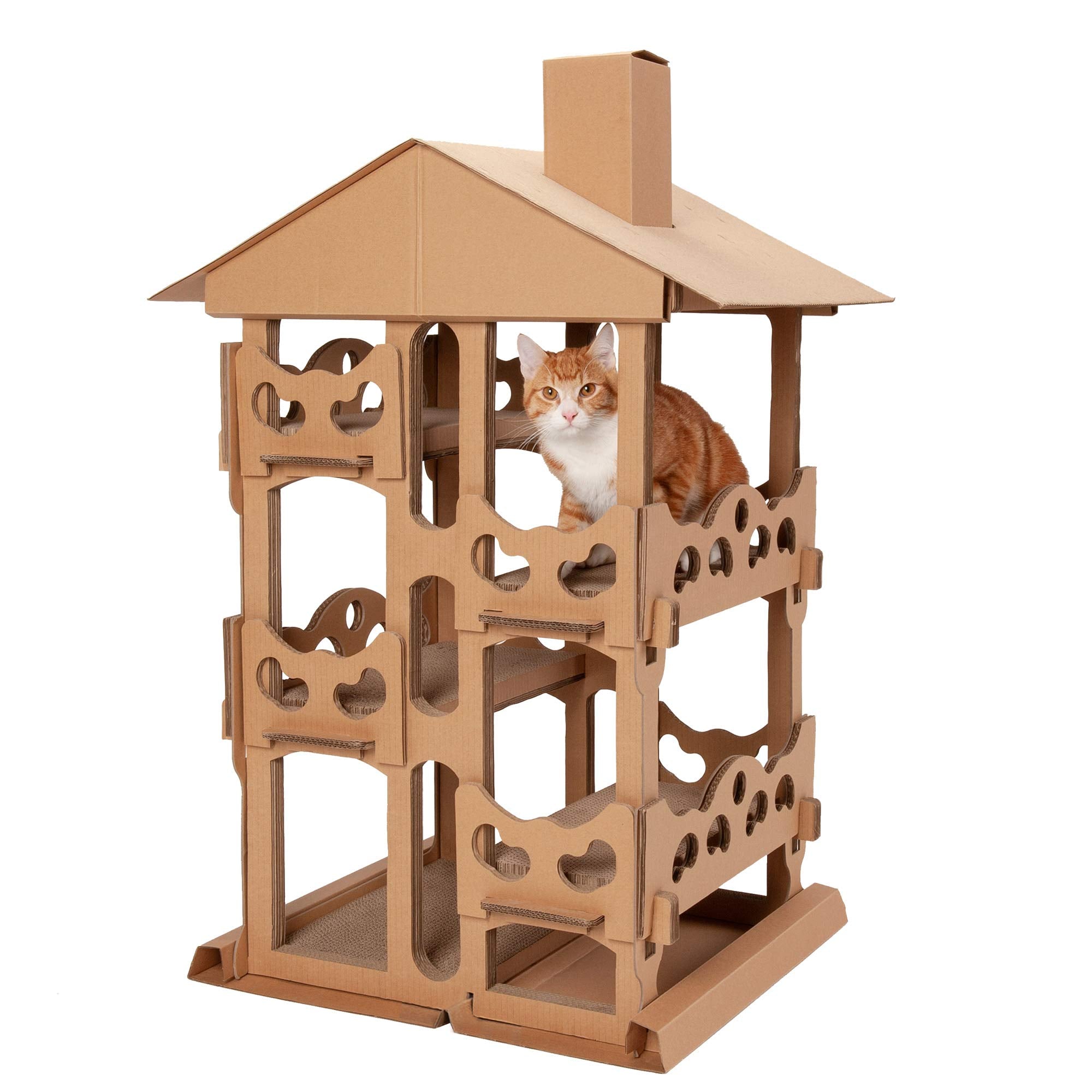 Furhaven Cardboard Cat House Tower Playground, Multi-Level Cat Tree Hideout Scratcher With Catnip