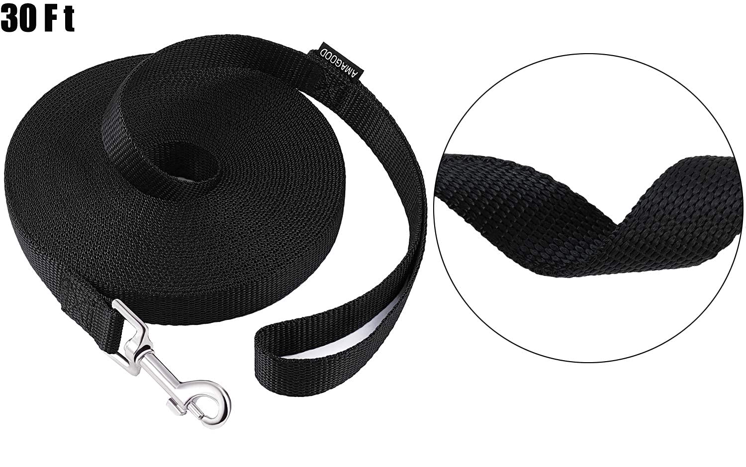 Amagood Dog/Puppy Obedience Recall Training Agility Lead-15 Ft 20 Ft 30 Ft 50 Ft Long Leash-For Dog Training,Tie Out,Play,Safety,Camping (30 Feet, Black)