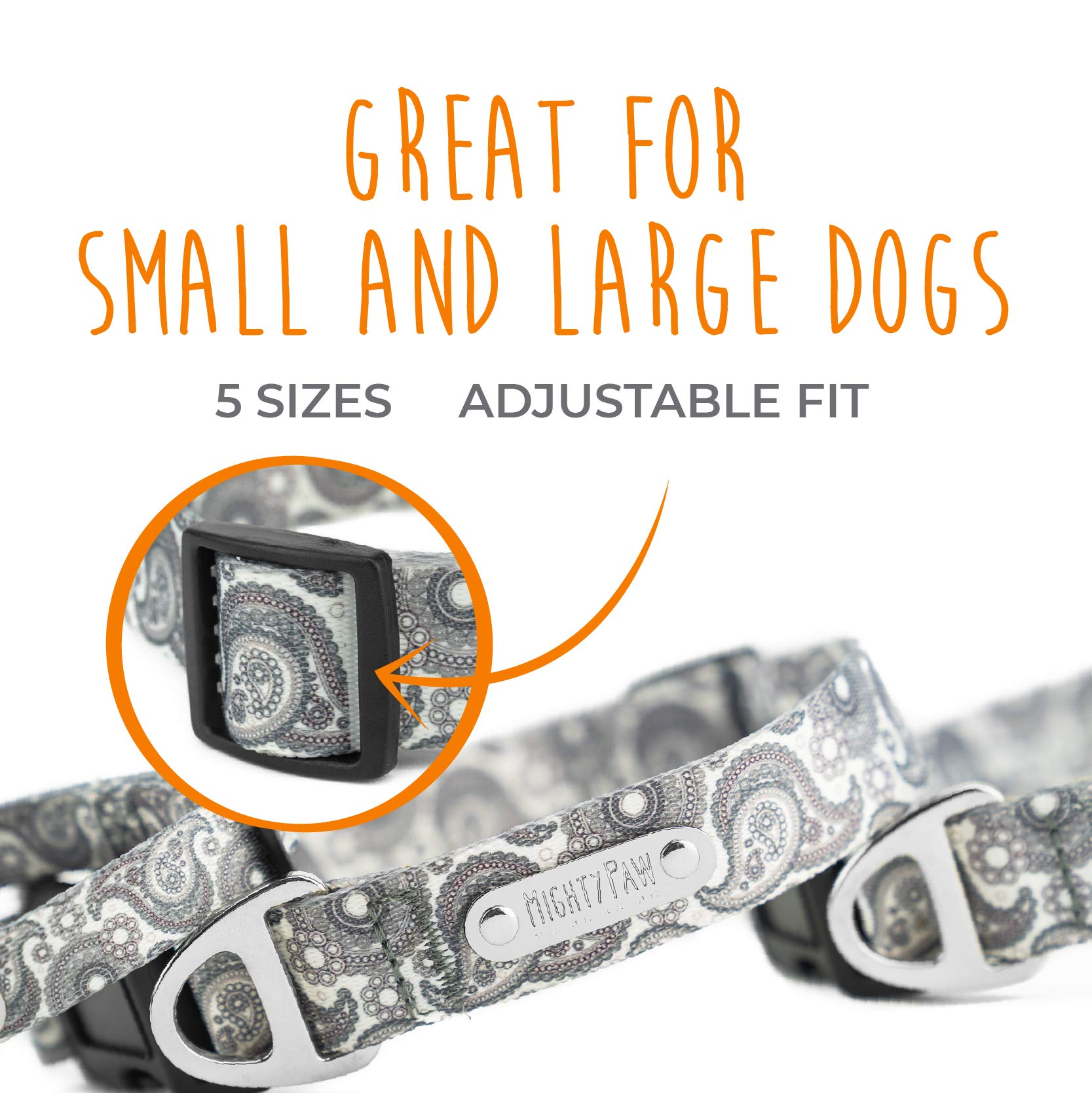 Mighty Paw Grey Paisley Designer Collar - Stylish And Sleek - Great For Small And Large Dogs - Ultimate Comfort With Soft Premiu