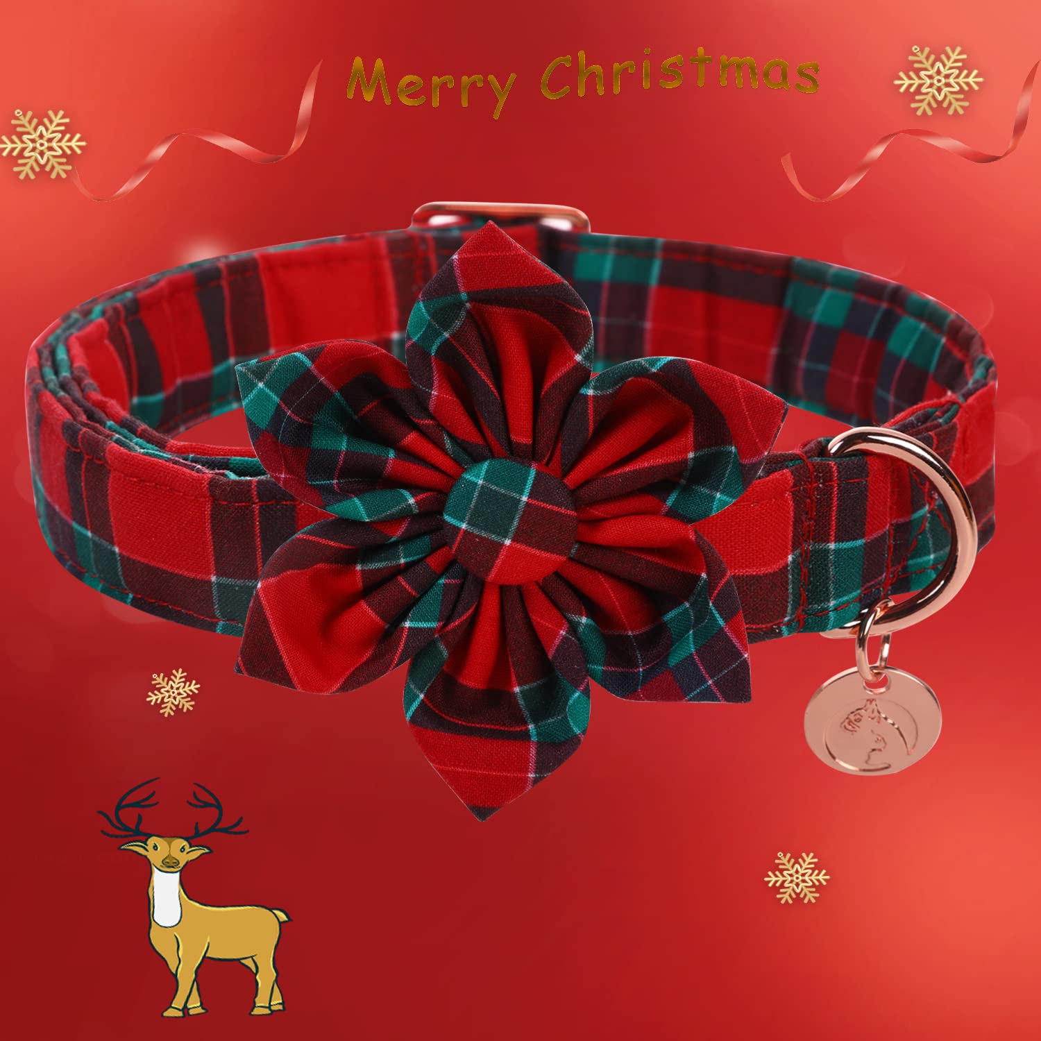 Dogwong Christmas Dog Collar With Flower, Red Plaid Dog Collar Soft Durable Adjustable Cotton Red Green Tartan Puppy Collar For