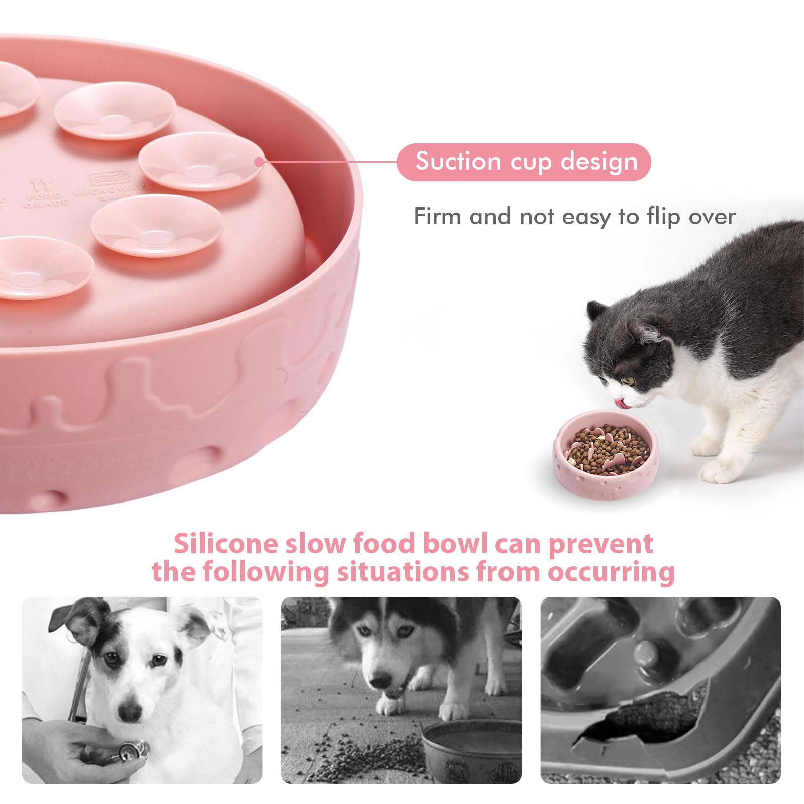 Silicone Slow Feeder Dog Bowls & Cat Bowls, 2 Cups Small Pet Food Bowl with Non-Slip Suction Base, Food-Grade Safe Puzzle Feeder