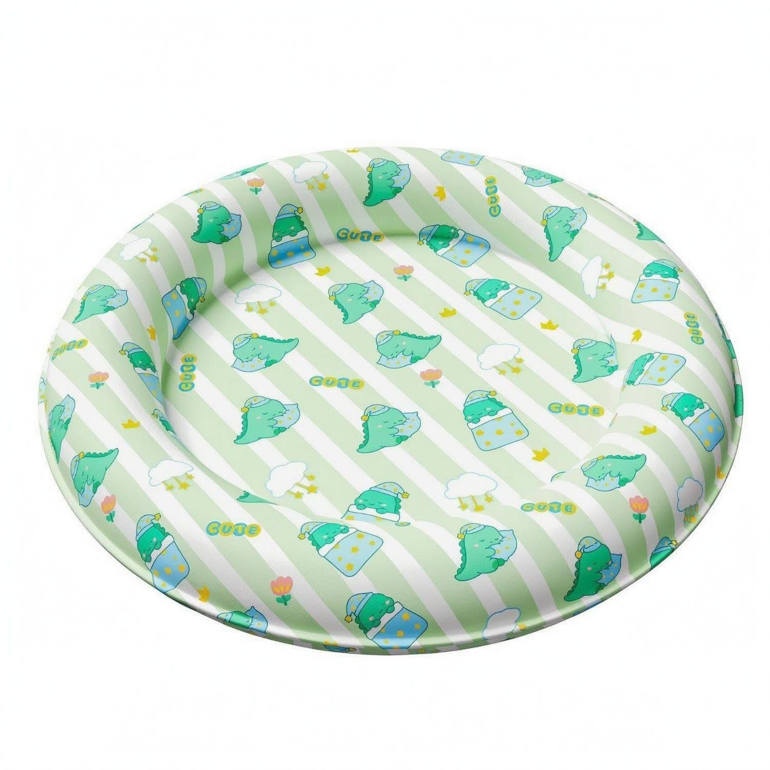Raised Rim Donut Pet Bed Recessed Center Padded Rim Pet Bed Padded Cooling, M, Dinosaur