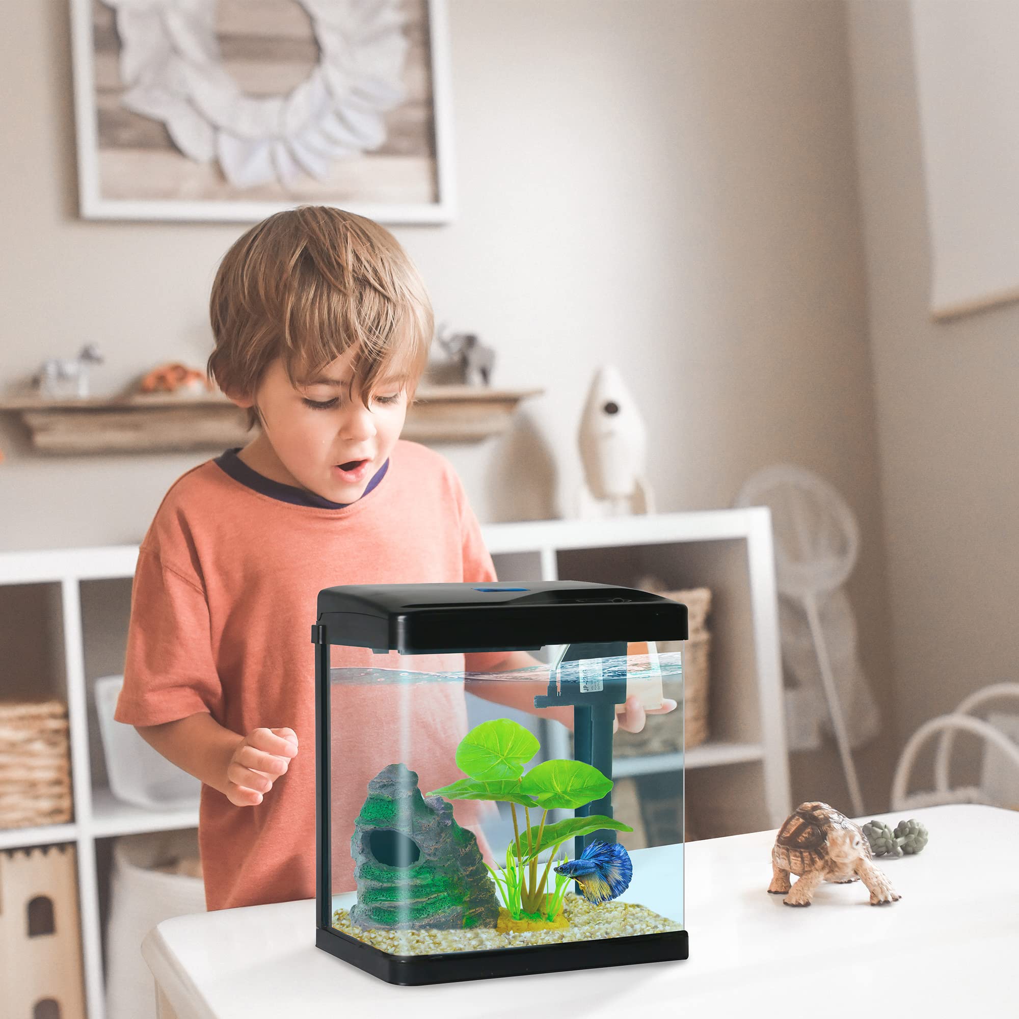 Betta Fish Tank Self Cleaning Glass 2 Gallon Small Nano Aquarium Starter Kits Desktop Room Decor w/LED Light Decorations & Whisp